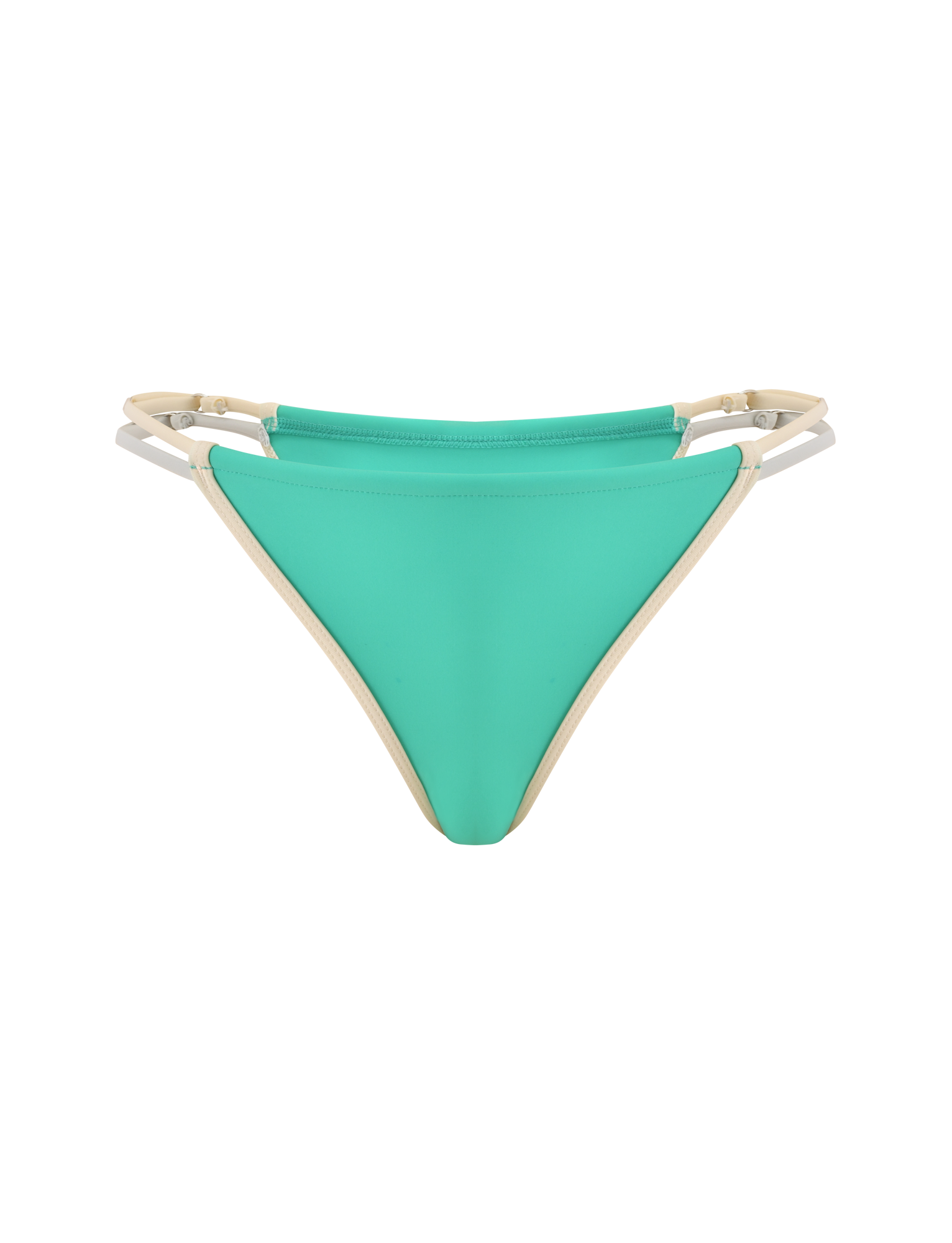 The TIGERMIST JACE BIKINI BOTTOM in Kelly Green features high-cut sides, beige double straps on each hip, and a cheeky fit, showcased against a plain white background.