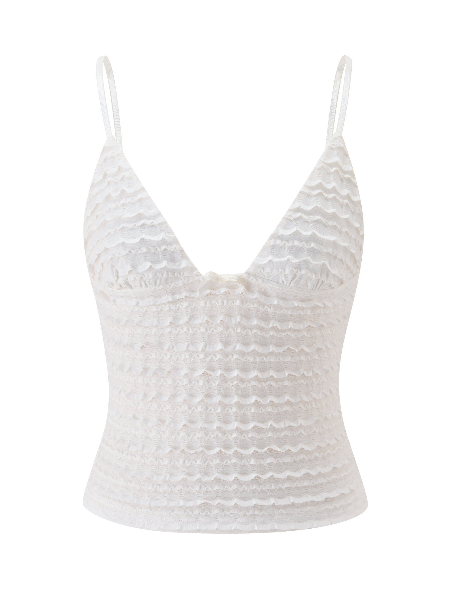 The TIGERMIST ZORA TOP - CREAM features a white lace design with a deep V-neckline, fitted silhouette, adjustable straps, and horizontal ruffle details. Displayed against a plain white background.