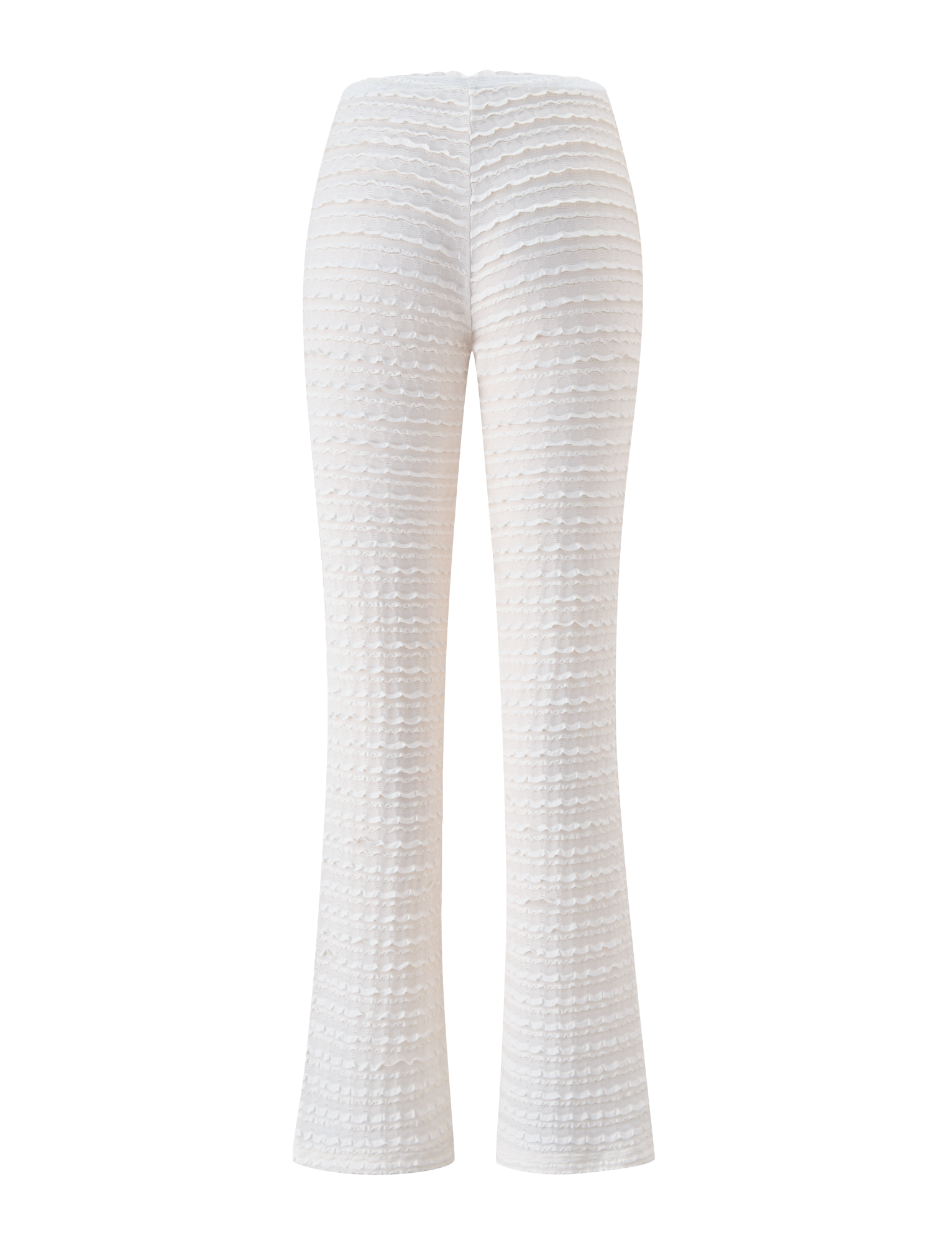 The ZORA PANT - CREAM by TIGERMIST features a high waist, textured flared fit, layered horizontal pattern, and subtle ruffle detail—shown from the back against a white background. Ideal as a trendy beach cover up.