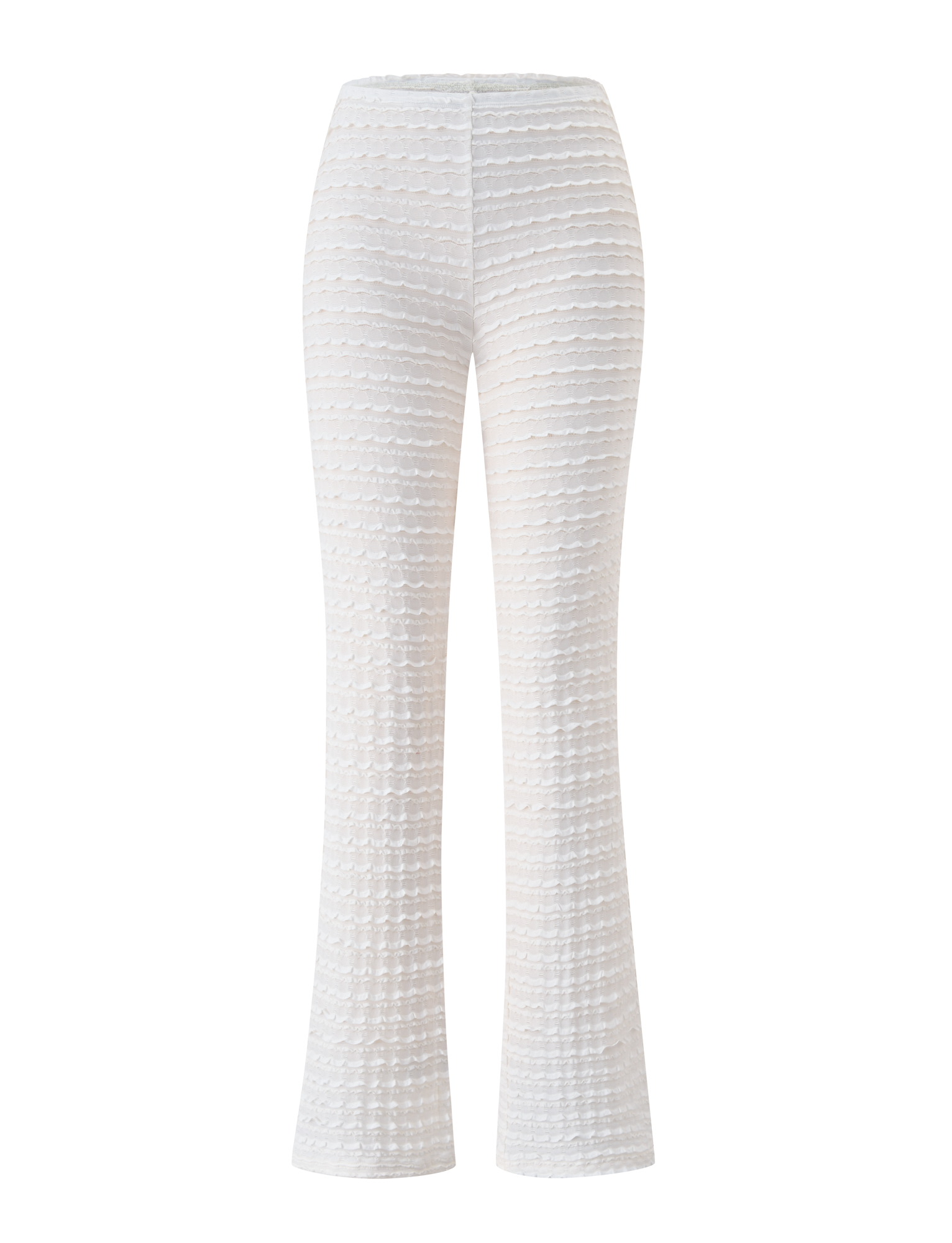 The TIGERMIST ZORA PANT in cream features a wavy, layered texture, high waist, flared leg, and subtle ruffle detail. Ideal as a beach cover-up, these pants are shown on a plain white background.