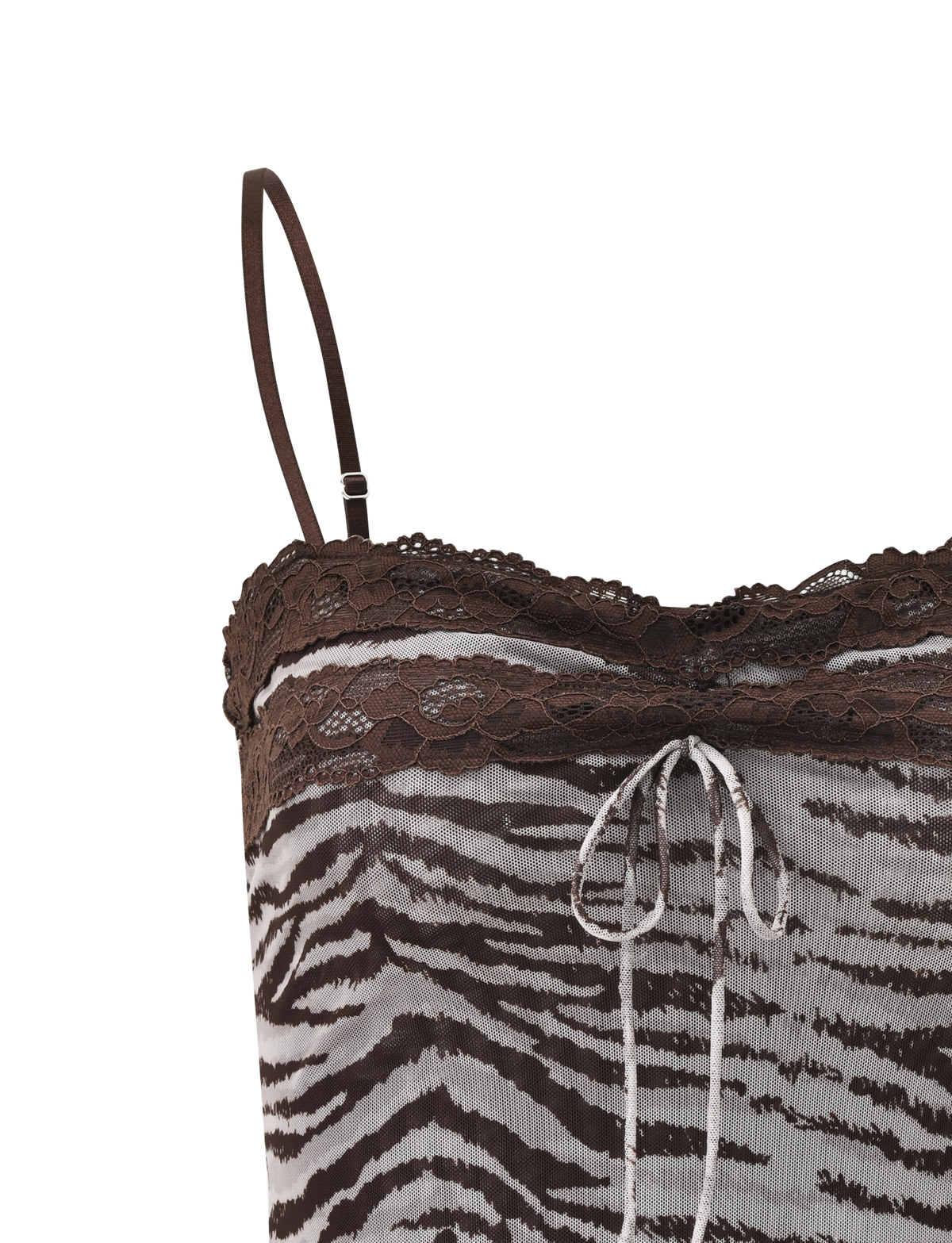 Close-up of the TIGERMIST VIRA TOP - NEUTRAL ZEBRA featuring thin adjustable straps, brown lace trim, a center bow on the sweetheart neckline, and a bold brown and white zebra print.