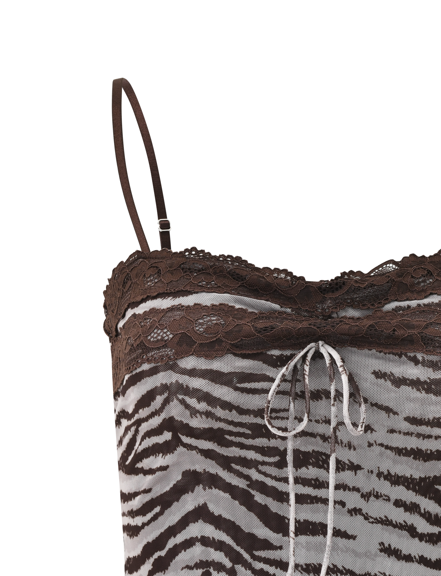 Close-up of the TIGERMIST VIRA TOP - NEUTRAL ZEBRA featuring thin adjustable straps, brown lace trim, a center bow on the sweetheart neckline, and a bold brown and white zebra print.