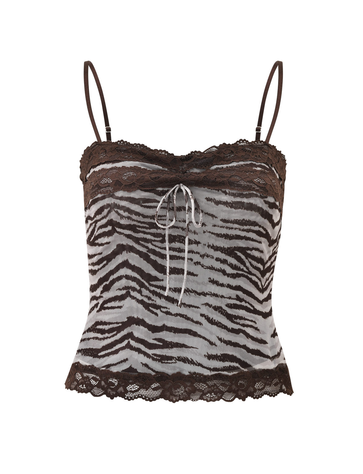 The VIRA TOP by TIGERMIST is a sleeveless, fitted neutral zebra print top with a sweetheart neckline, adjustable straps, lace trim on the neckline and hem, and a small bow at the center front.