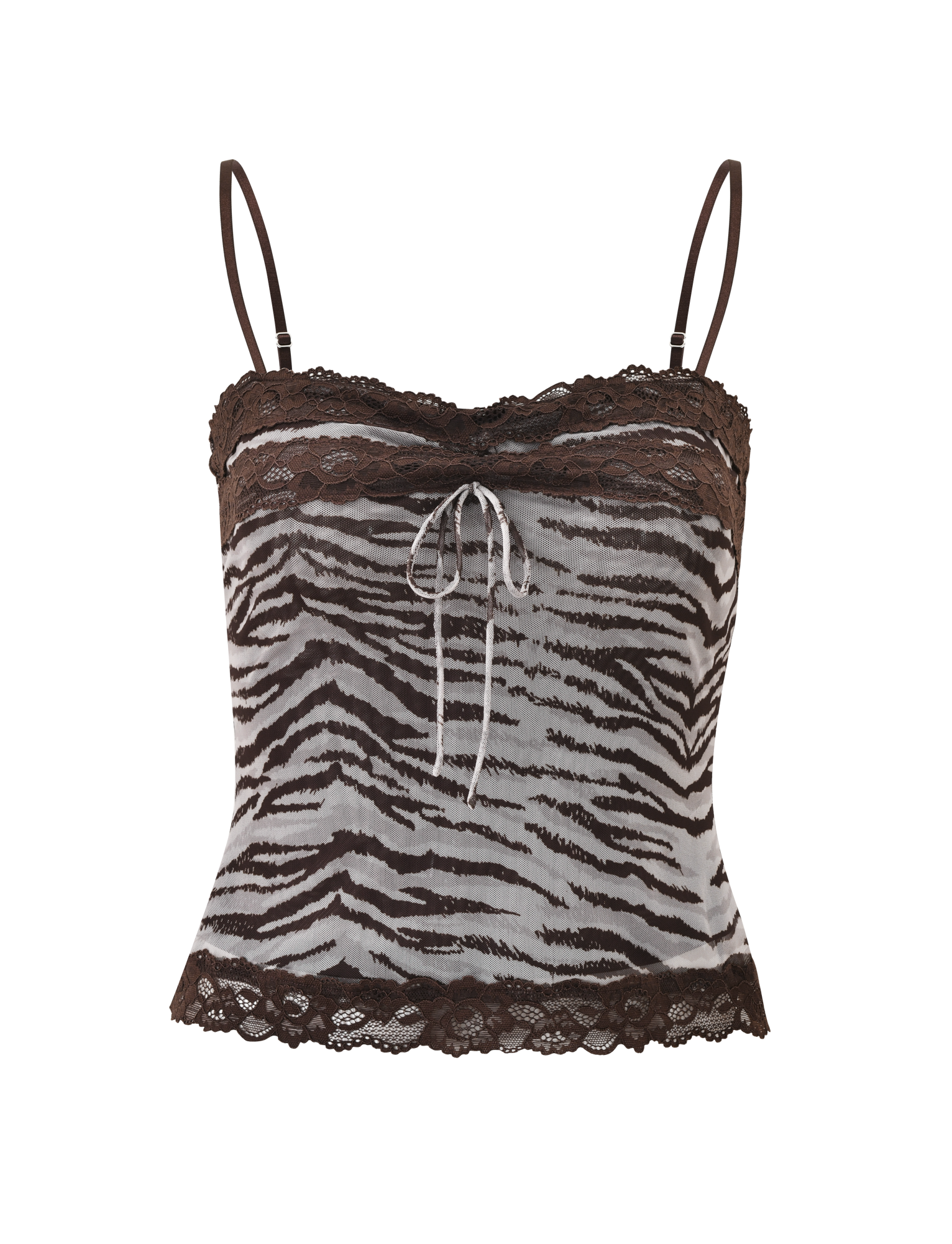 The VIRA TOP by TIGERMIST is a sleeveless, fitted neutral zebra print top with a sweetheart neckline, adjustable straps, lace trim on the neckline and hem, and a small bow at the center front.