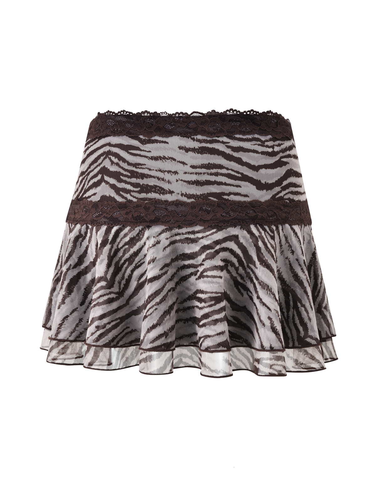 The TIGERMIST VIRA MINI SKIRT in Neutral Zebra features double-tiered ruffles, a wide dark lace waistband, and a scalloped lace hem, adding playful edge to any look.