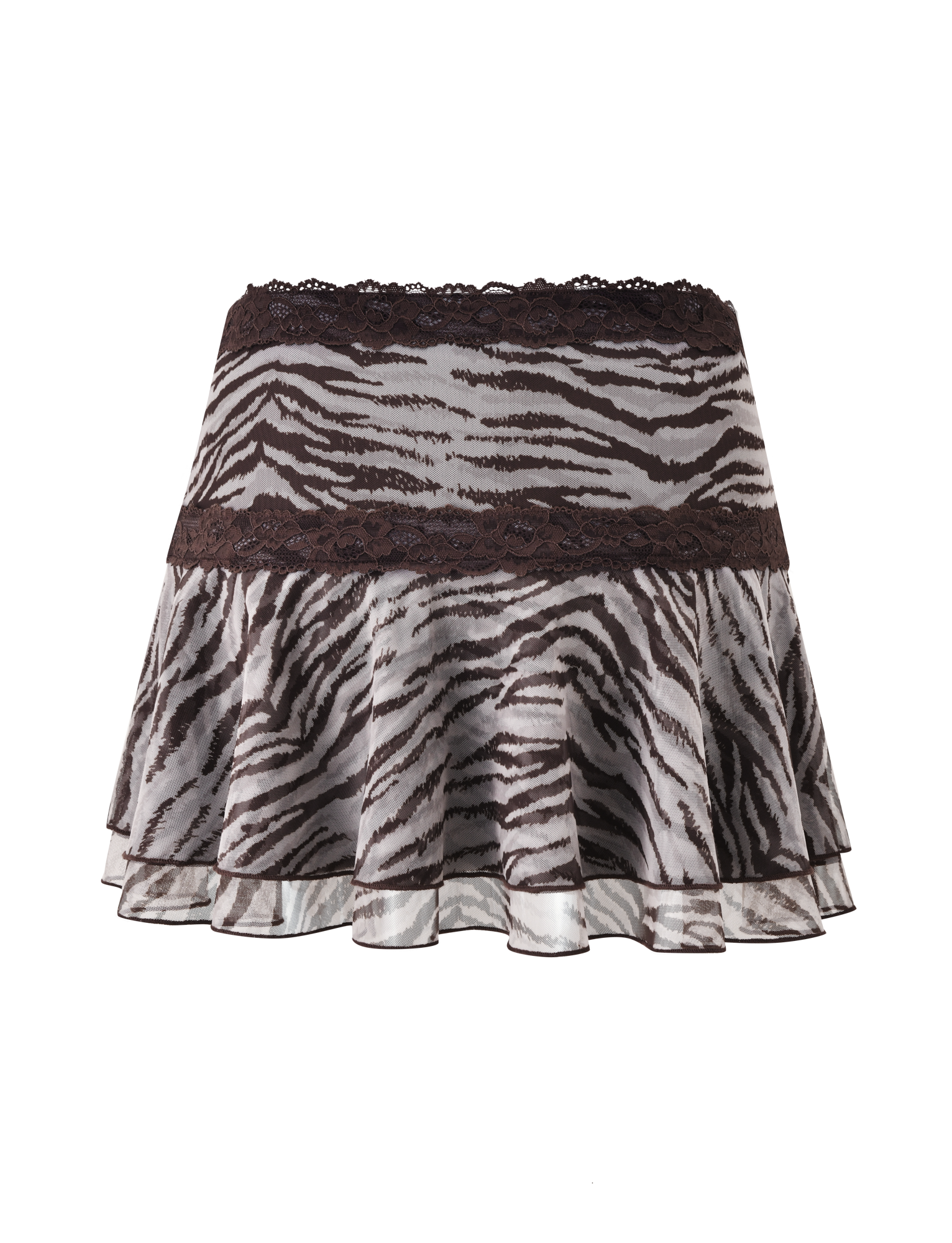The TIGERMIST VIRA MINI SKIRT in Neutral Zebra features double-tiered ruffles, a wide dark lace waistband, and a scalloped lace hem, adding playful edge to any look.