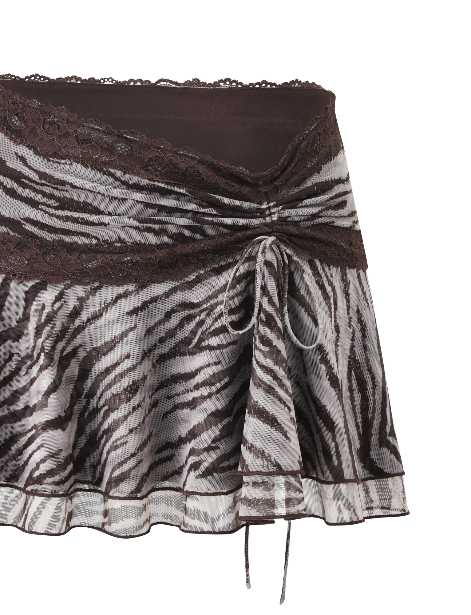 The VIRA MINI SKIRT - NEUTRAL ZEBRA by TIGERMIST features a brown and white zebra print, lace trim at the waist and hem, a front center bow, and a double-tiered ruffle design for added style.