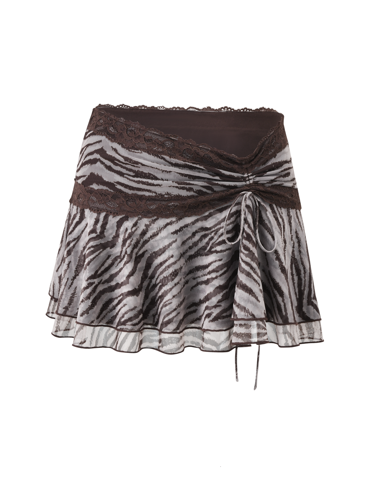The TIGERMIST VIRA MINI SKIRT in Neutral Zebra features double tiered ruffles, a brown lace trimmed waistband, and a side tie. This lightweight, slightly sheer mesh mini skirt adds a bold, playful touch to your look.