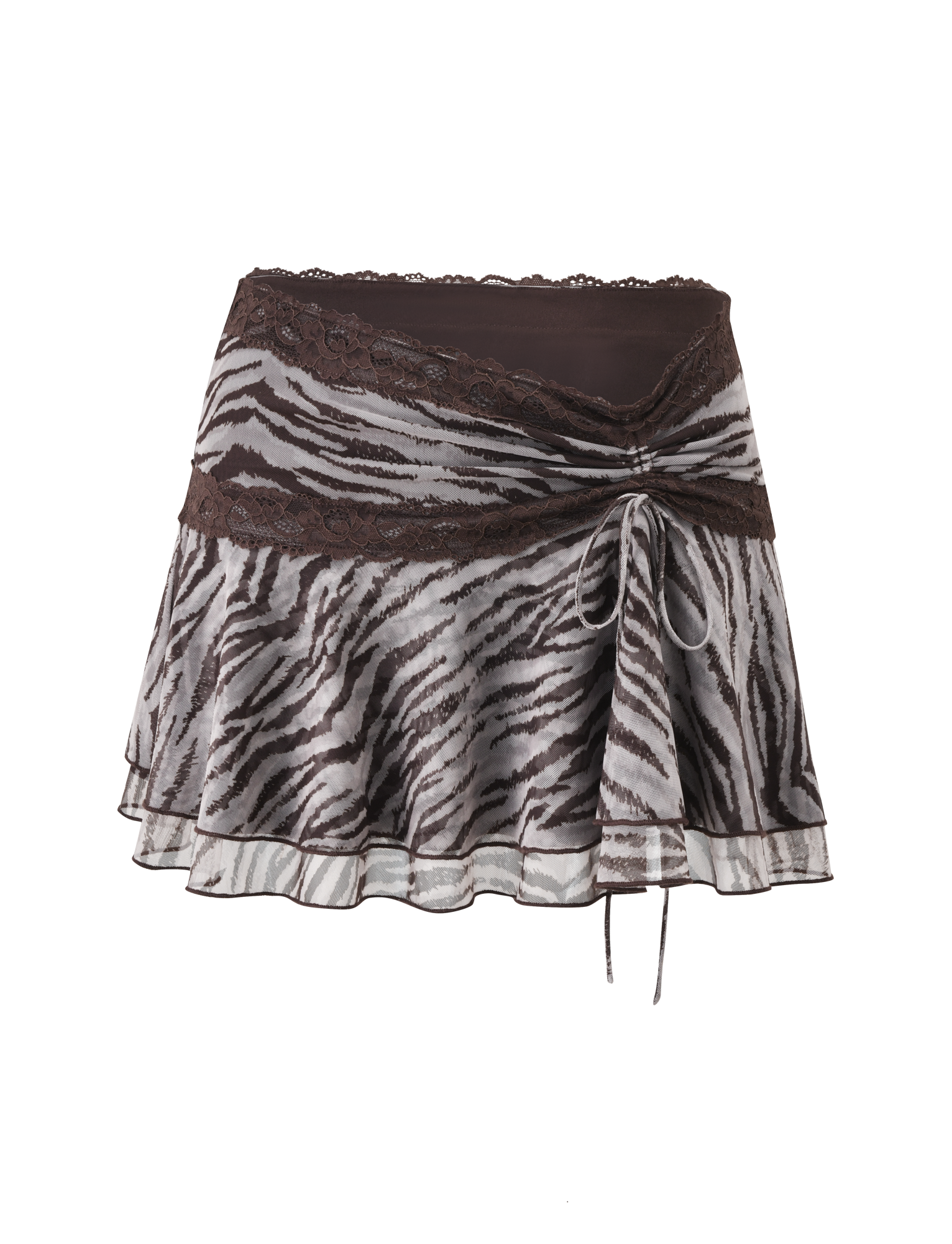 The TIGERMIST VIRA MINI SKIRT in Neutral Zebra features double tiered ruffles, a brown lace trimmed waistband, and a side tie. This lightweight, slightly sheer mesh mini skirt adds a bold, playful touch to your look.