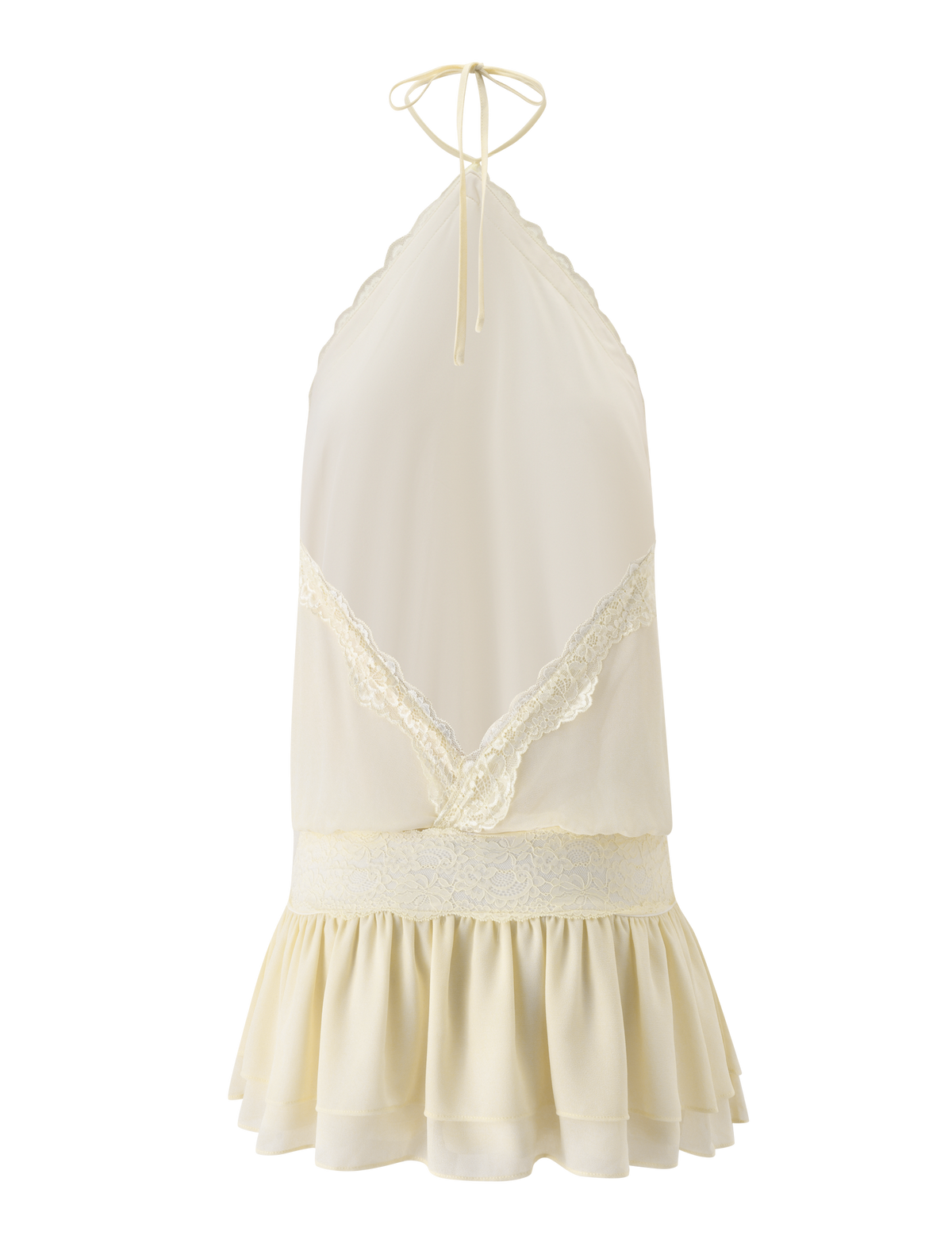 The TESSIE MINI DRESS in cream by TIGERMIST features a halter neck, lace trim, V-shaped lace front, elastic lace waistband, and ruffled hem—a soft, delicate piece with feminine details, ideal for resort styling.