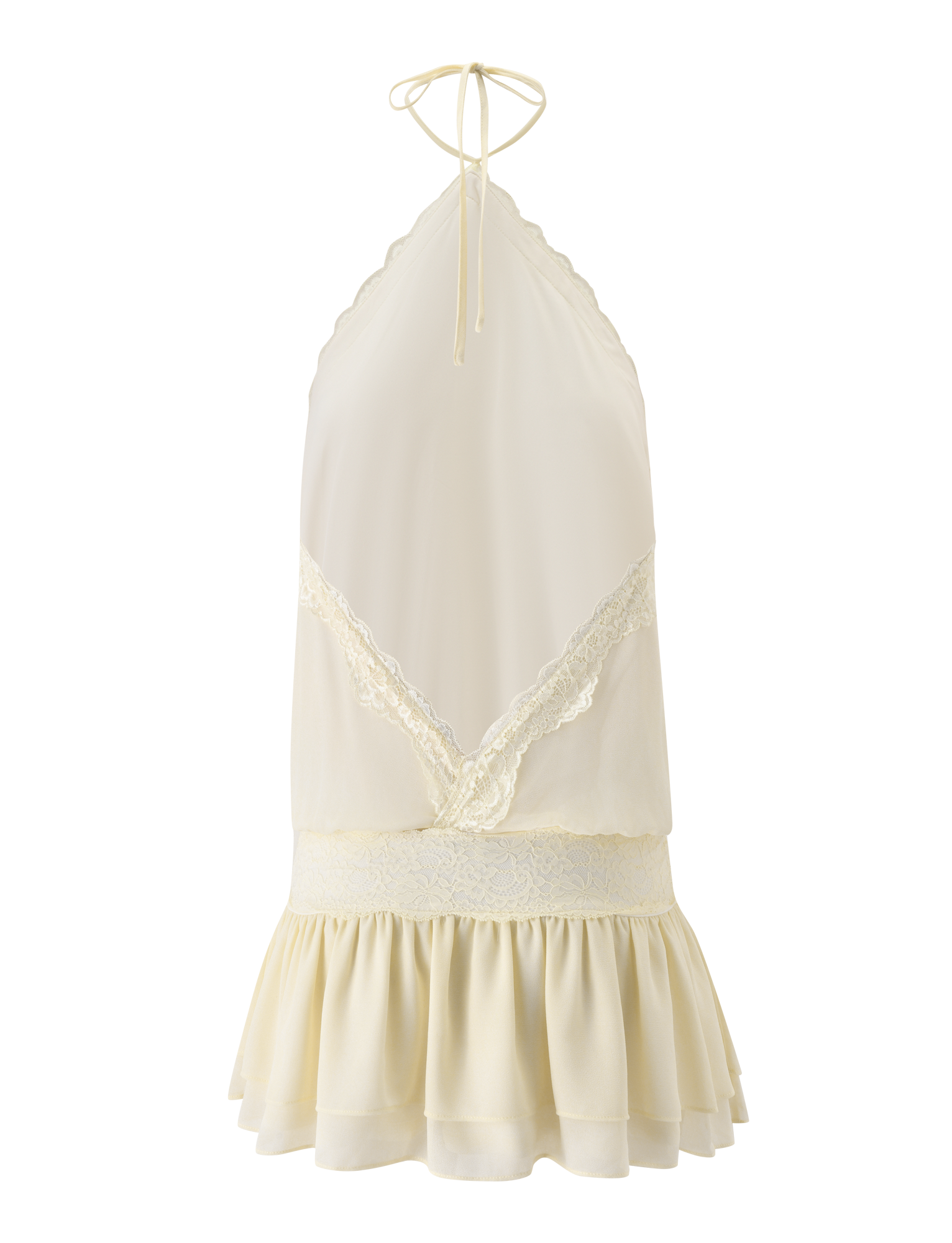 The TESSIE MINI DRESS in cream by TIGERMIST features a halter neck, lace trim, V-shaped lace front, elastic lace waistband, and ruffled hem—a soft, delicate piece with feminine details, ideal for resort styling.