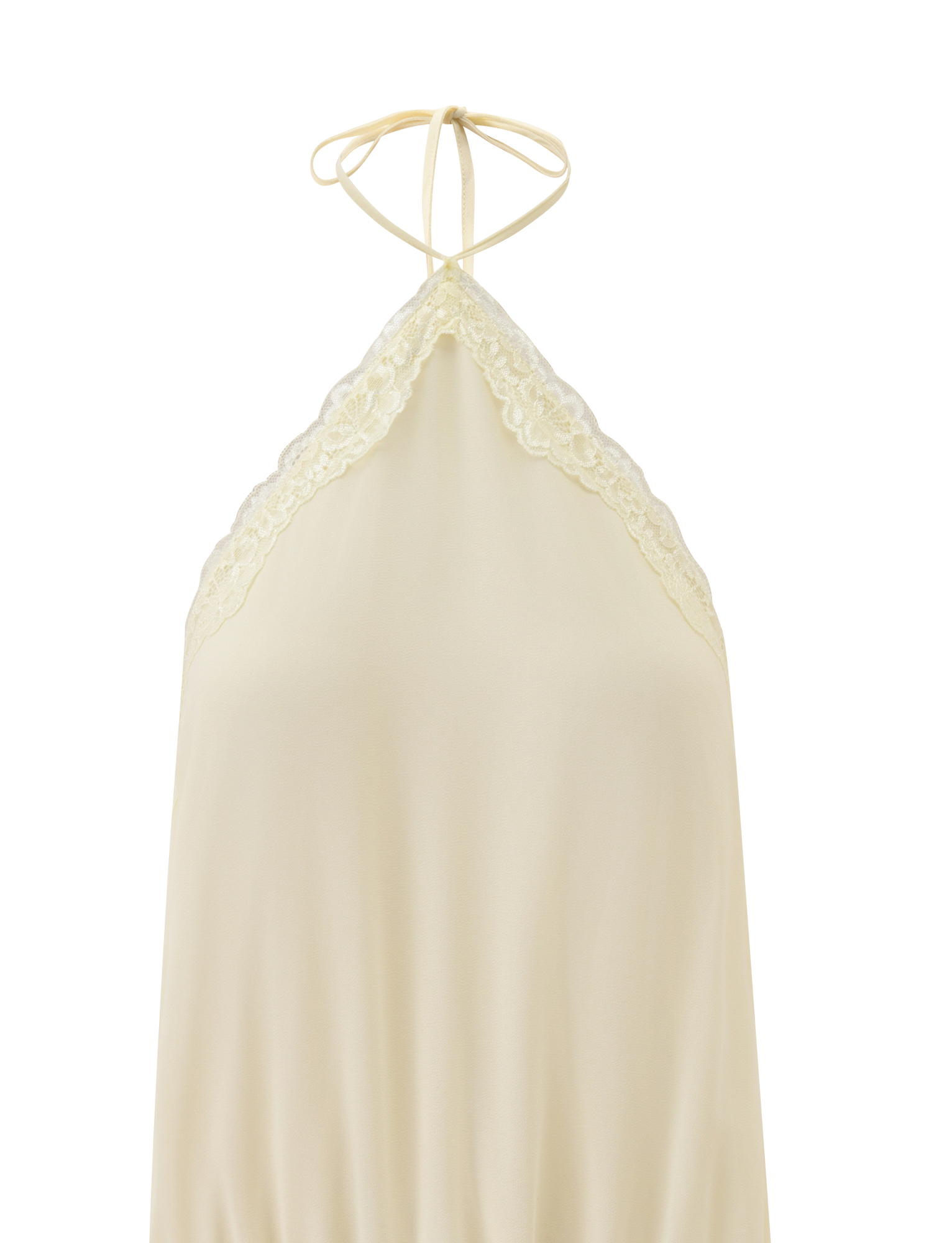 A close-up of the TIGERMIST TESSIE MINI DRESS in cream, a resort-inspired piece with a halter-neck, delicate lace trim at the neckline, and thin neck-tied straps.
