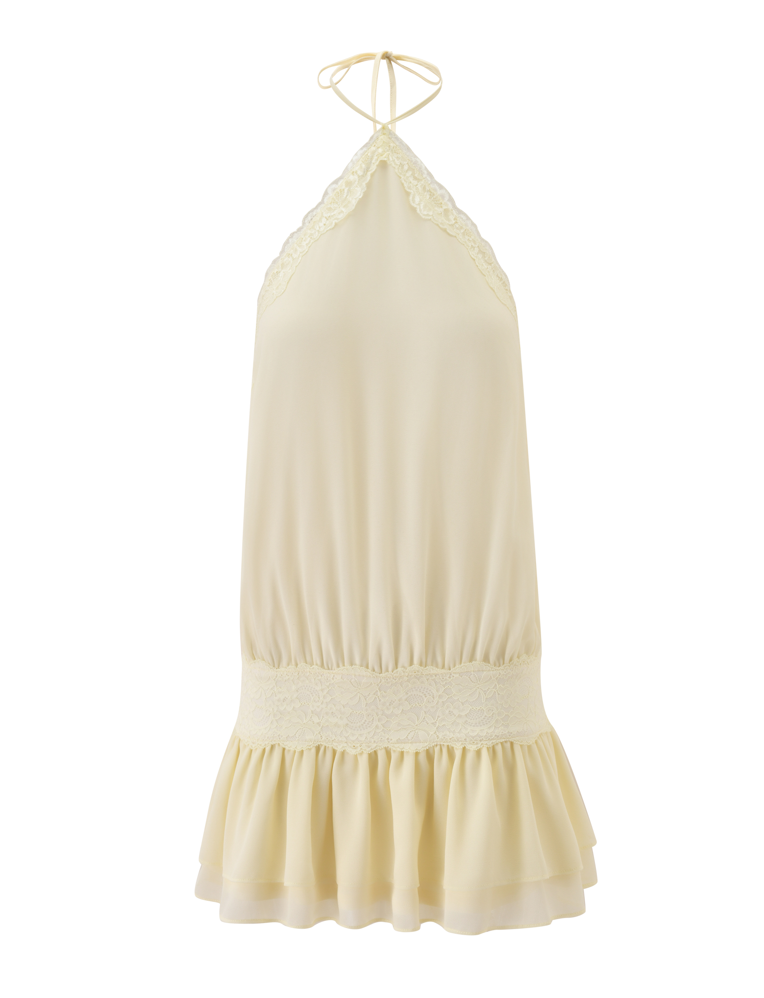 The TESSIE MINI DRESS by TIGERMIST features a cream halter neckline, lace trim, gathered waist, ruffled hem, and thin tie straps—an effortless choice for resort style.