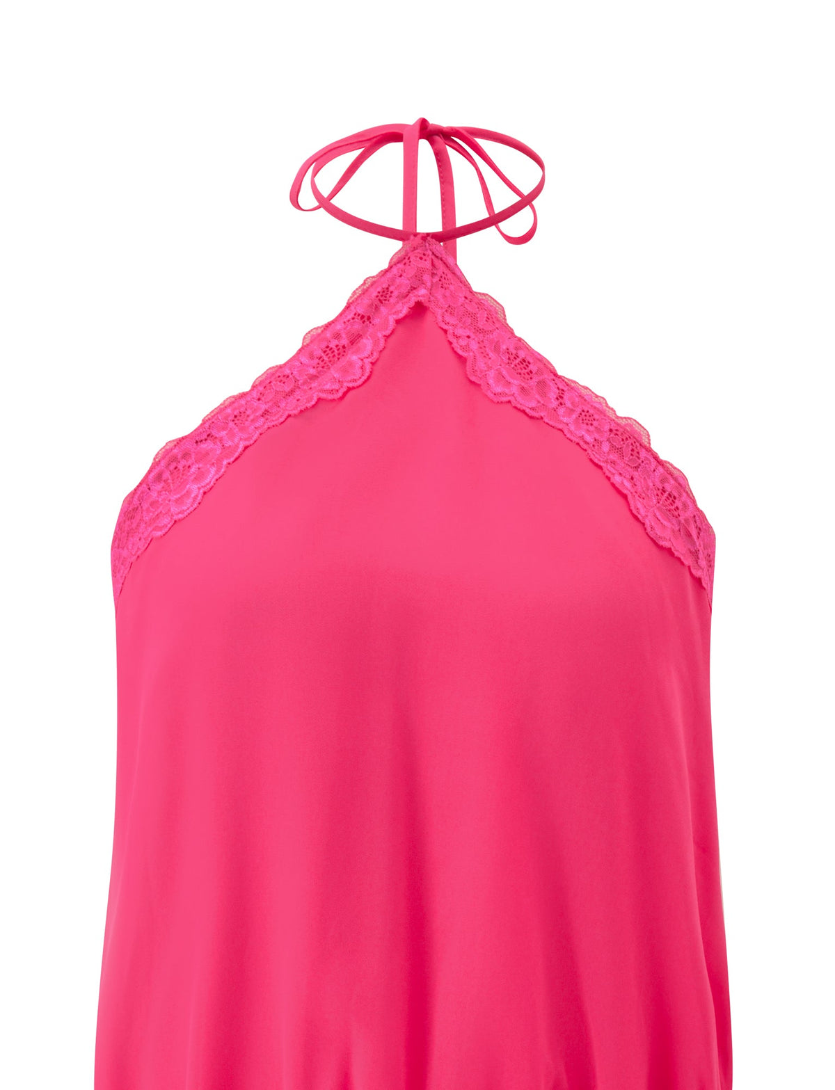 TESSIE MINI DRESS - HOT PINK in a halter mini style with lace trim along the neckline and tie-strap closure, perfect for resort styling.