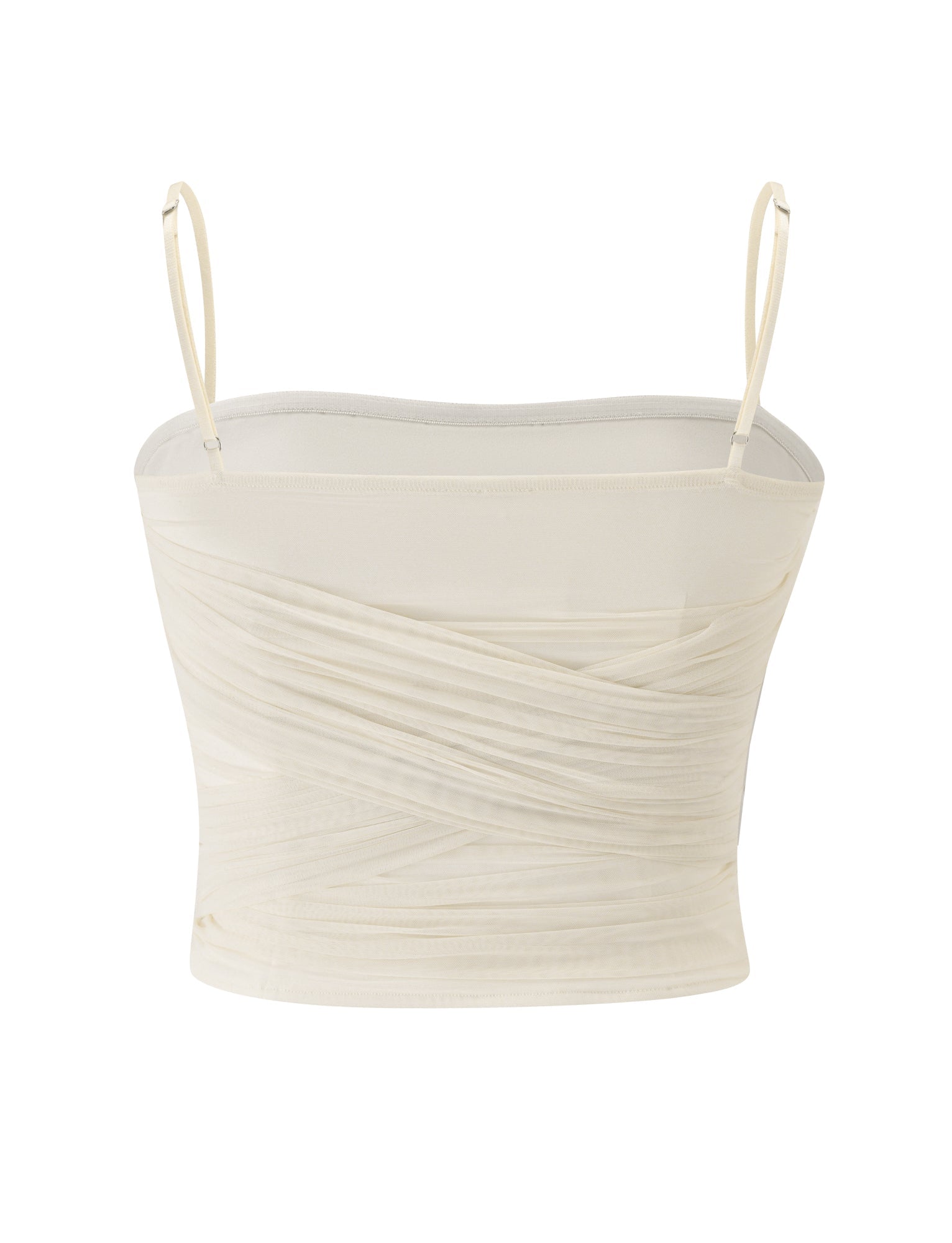 The JUNA TOP - CREAM by TIGERMIST is an off-white, sleeveless mesh cami featuring thin spaghetti straps and a ruched, layered mesh design across the front. Delicate gold beaded trim adds an elegant touch. The back of the top is not visible.