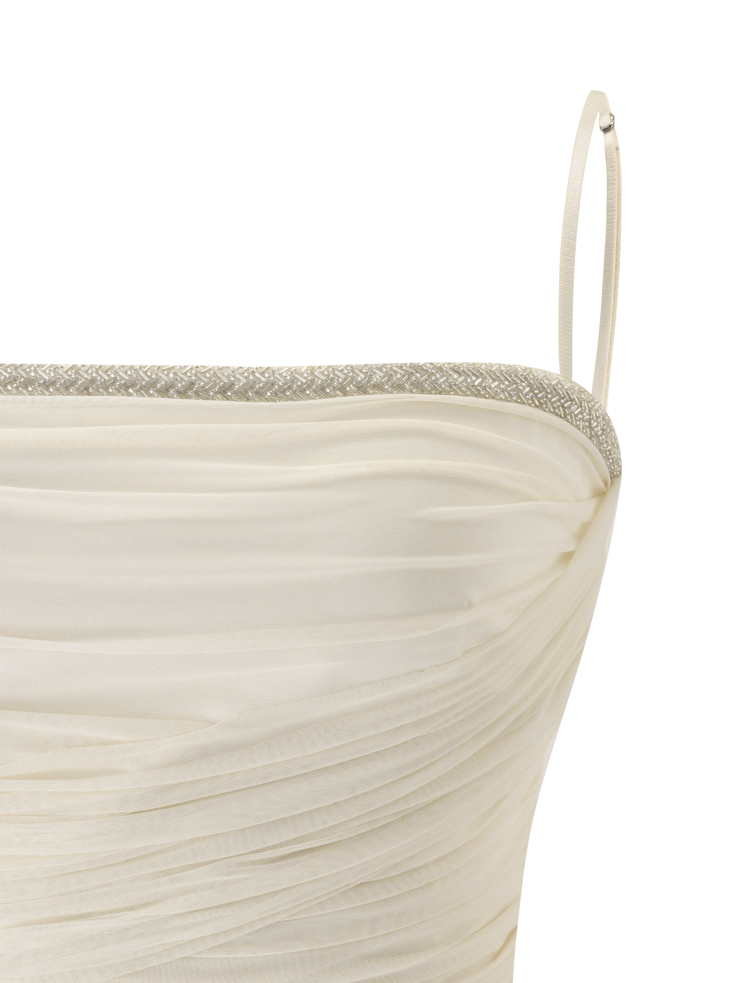 Close-up of the top of the JUNA TOP - CREAM by TIGERMIST, featuring an ivory hue, ruched detailing, thin straps, and a glittering gold beaded trim along the neckline. The background is plain white.