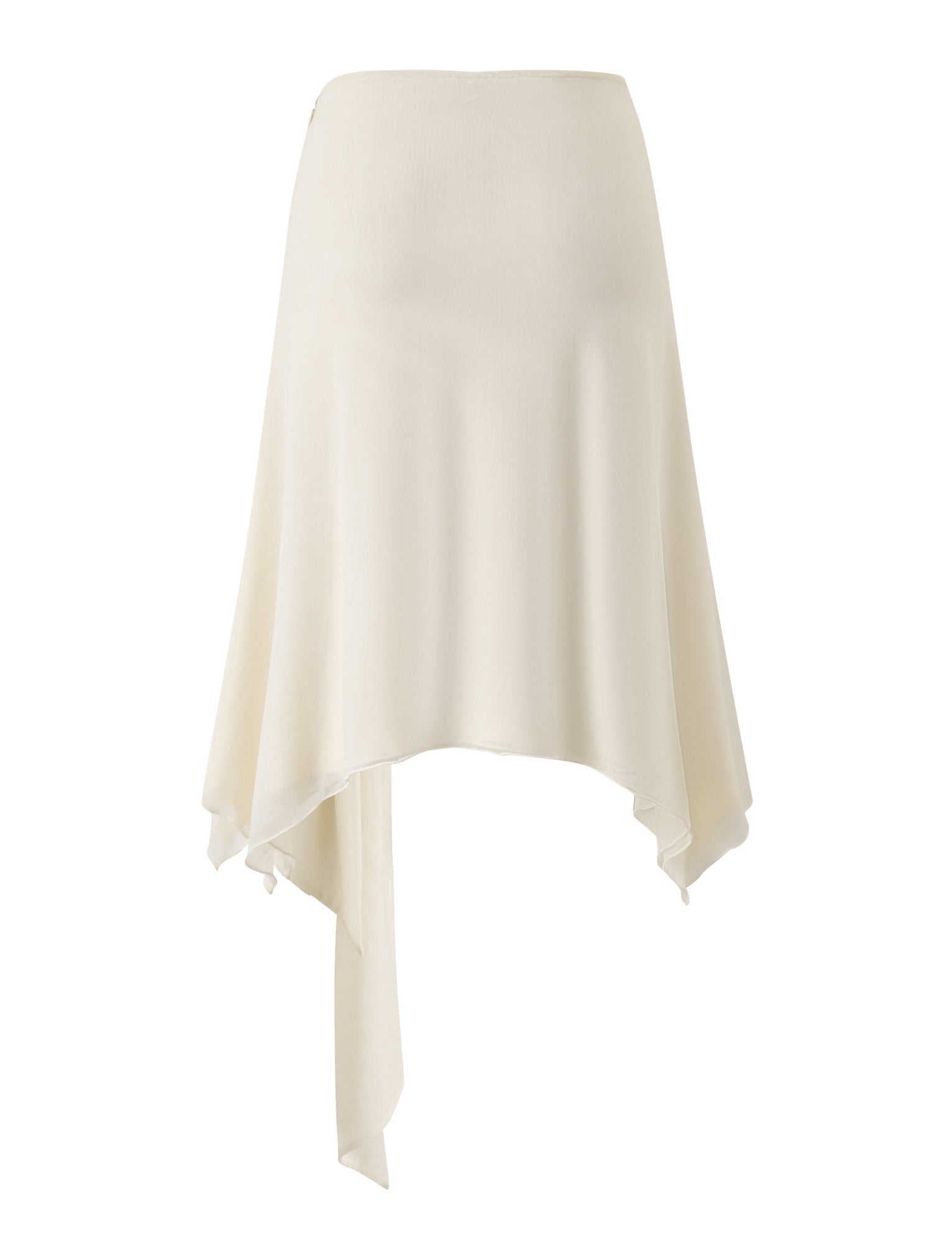 The JUNA MIDI SKIRT - CREAM by TIGERMIST features an ivory hue with a high waist and a flowing, handkerchief hemline. Crafted from lightweight fabric that drapes softly, this elegant and modern skirt is finished with delicate gold beaded trim accentuating the asymmetrical hem.