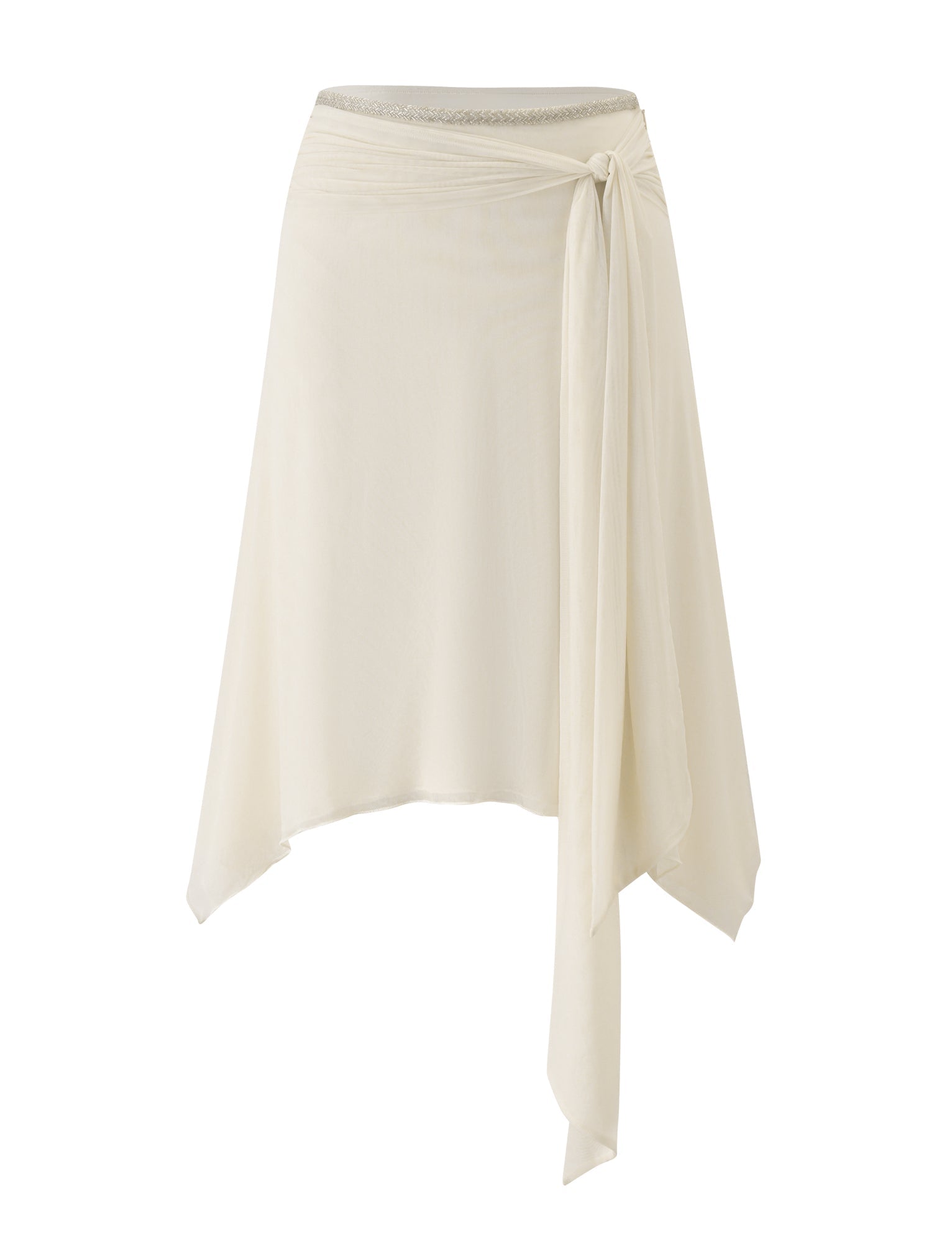 The TIGERMIST JUNA MIDI SKIRT in cream is a chiffon ballet wrap skirt with an asymmetrical hem and a right-side tie closure, accented by a delicate gold beaded trim, shown against a white background.