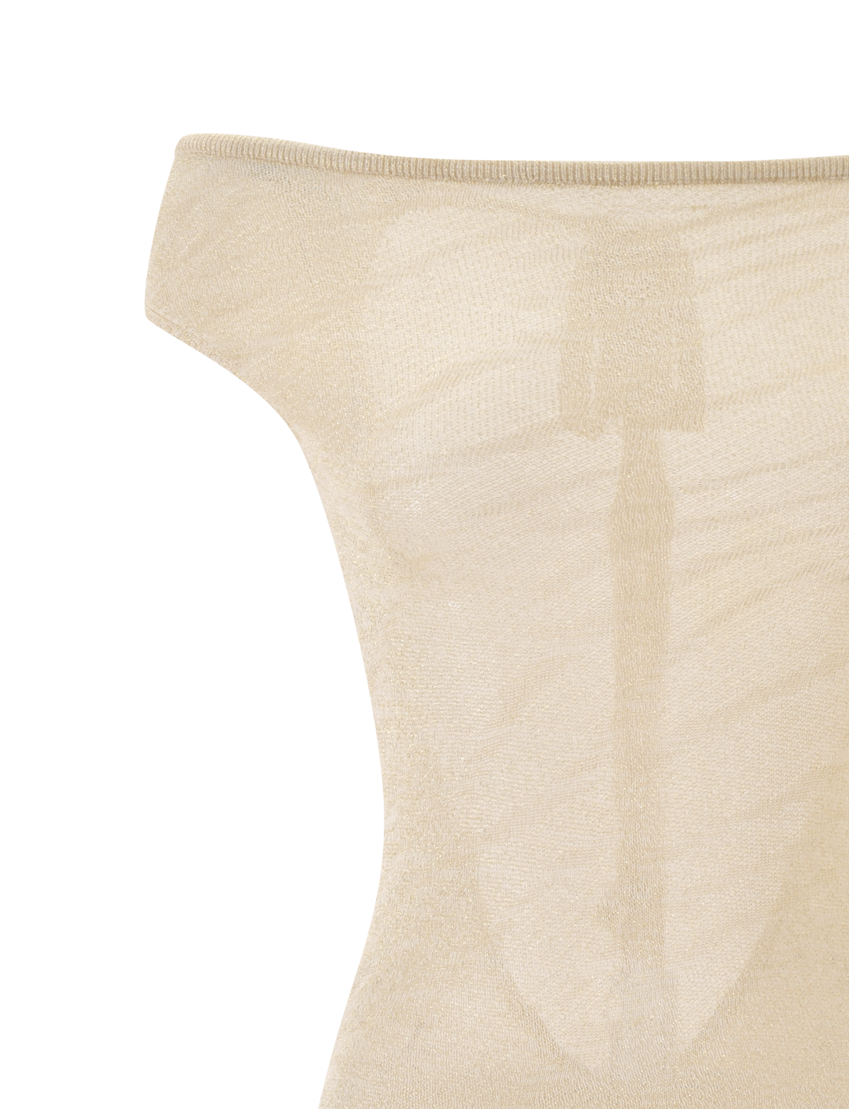 Close-up of the TIGERMIST ANIA MINI DRESS in gold, displayed on a mannequin, highlighting the off-shoulder design, sheer knit fabric texture, and subtle transparency.