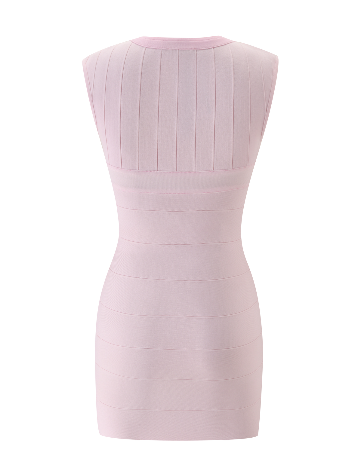 The TIGERMIST EMBER BANDAGE MINI DRESS in baby pink is a sleeveless mini dress shown from the back, featuring horizontal and vertical panel detailing, with a fitted, seamless bodycon silhouette and a round neckline.