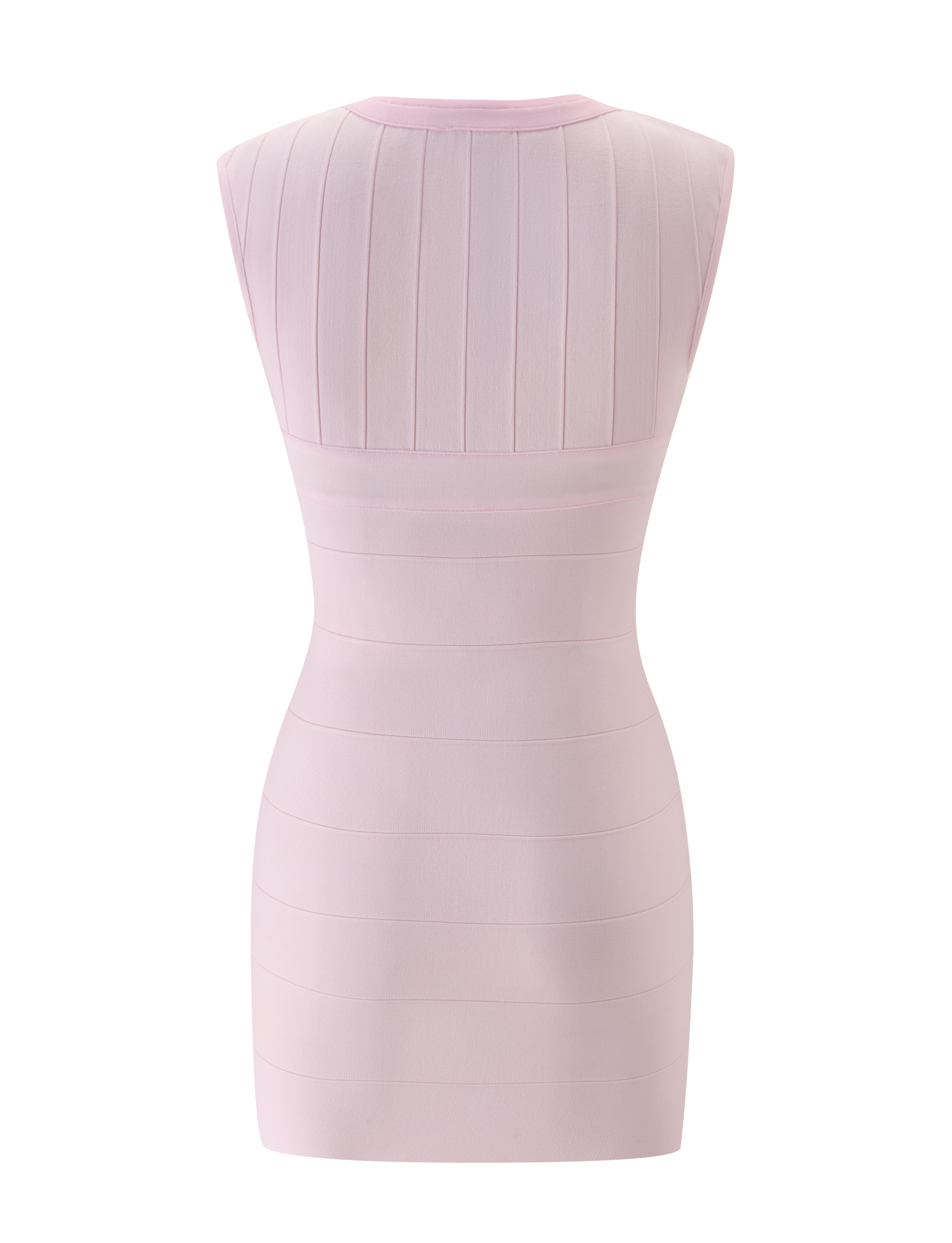 The TIGERMIST EMBER MINI BANDAGE DRESS in baby pink is a sleeveless mini dress with a fitted silhouette, shown from the back and featuring horizontal and vertical panel detailing.