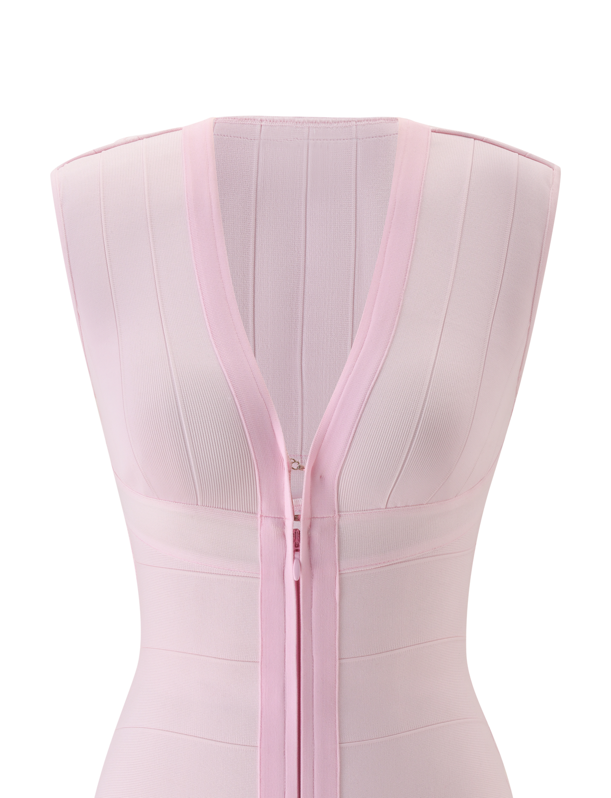 The EMBER BANDAGE MINI DRESS by TIGERMIST is a sleeveless, baby pink bodycon mini dress featuring a deep V neckline, fitted bodice, and vertical seam detailing. Displayed on a dress form against a white background, this figure-hugging design accentuates the silhouette for an effortlessly chic look.