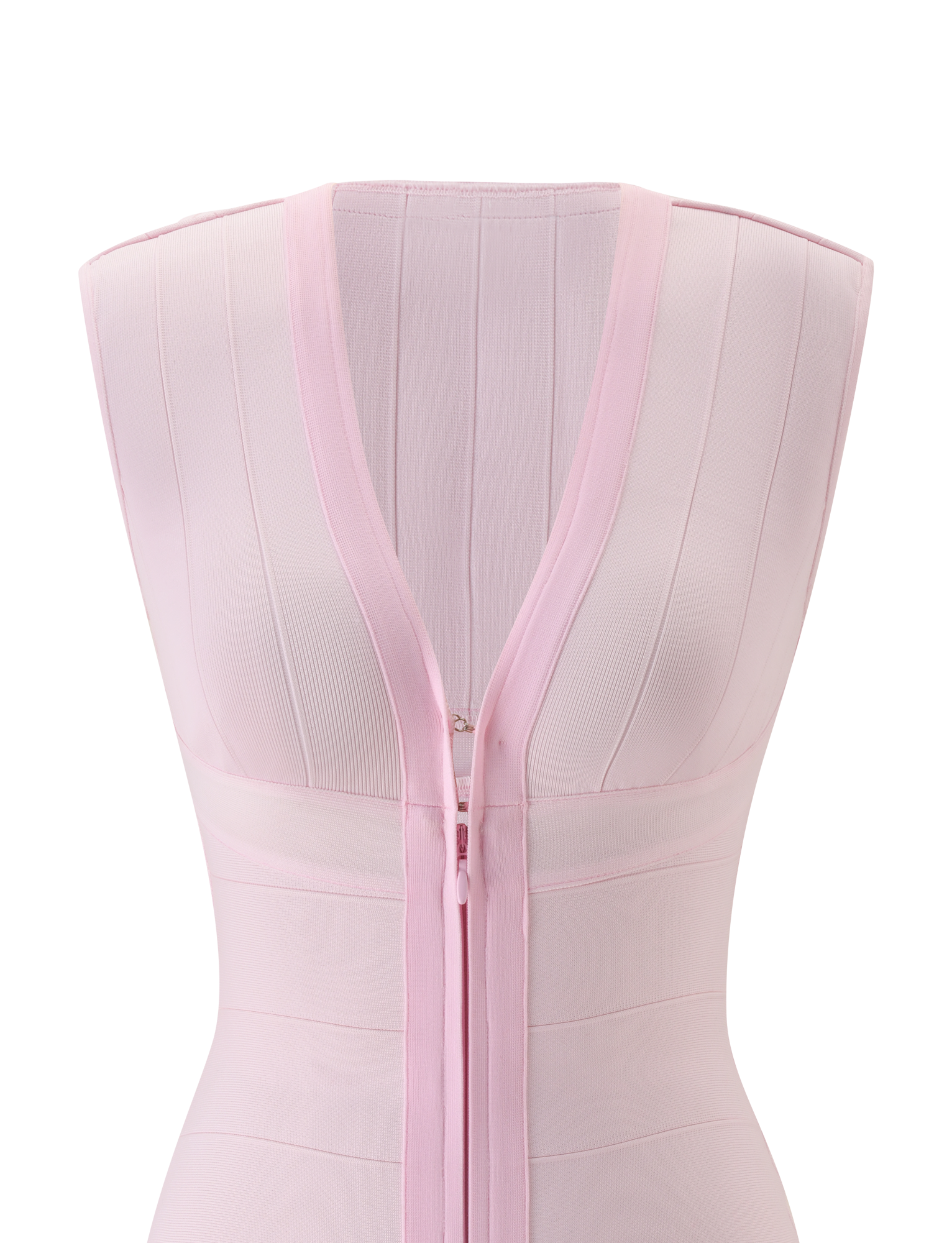 The TIGERMIST EMBER MINI BANDAGE DRESS in baby pink features a sleeveless design, plunging V-neckline with a central zipper, and vertical panel detailing. Displayed on a mannequin against a white background.