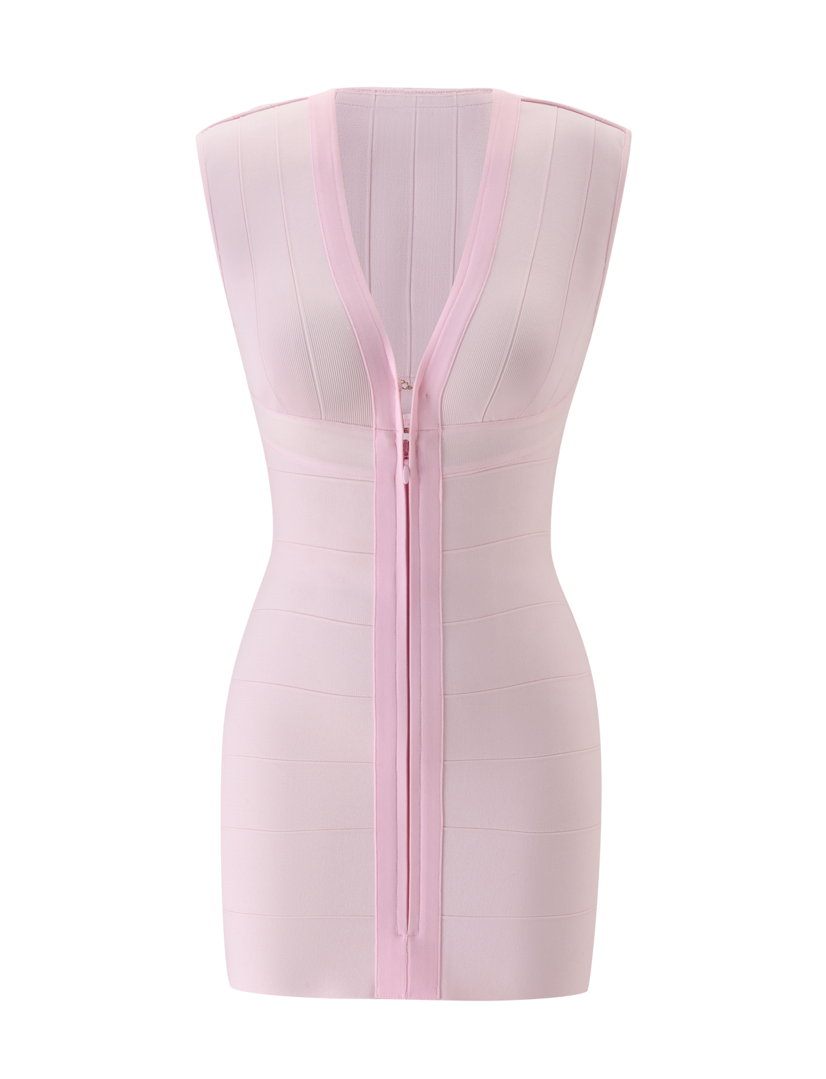 The EMBER BANDAGE MINI DRESS - BABY PINK by TIGERMIST is a light pink, sleeveless mini dress featuring a bodycon fit, a V-neckline, and a central zipper running from the neckline to the hem. It has a structured, body-contouring design.