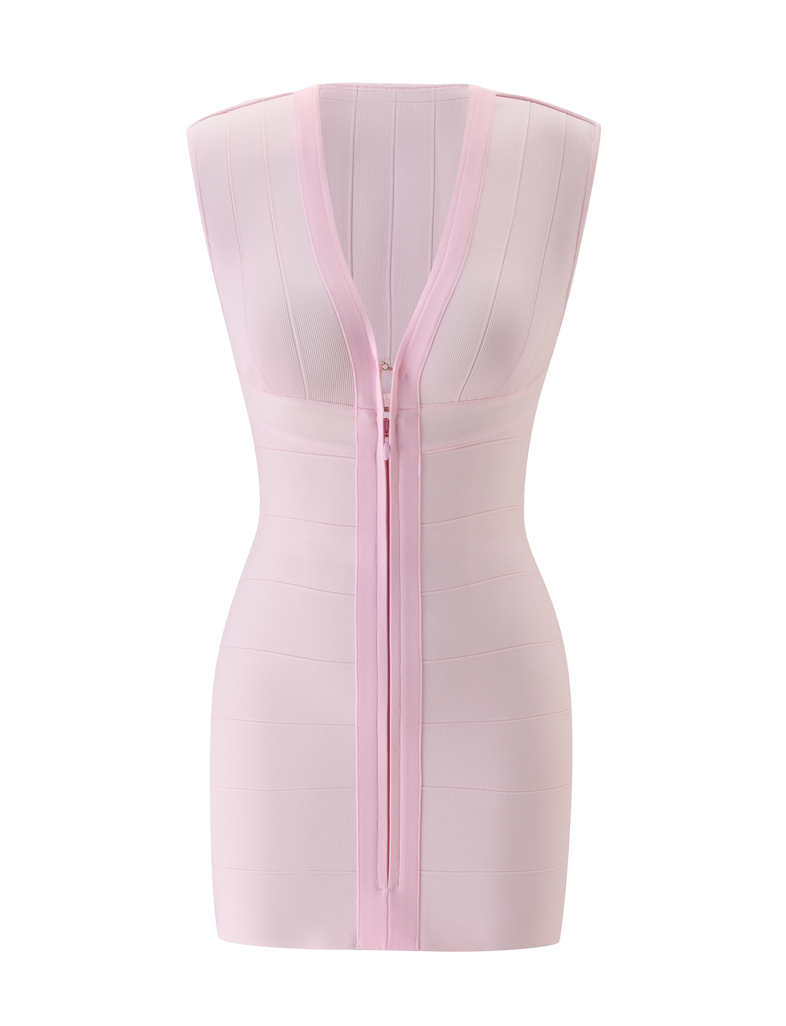TIGERMIST’s EMBER MINI BANDAGE DRESS in baby pink features a plunging V-neckline, front zipper from neck to hem, and a smooth, seamless bodycon silhouette.