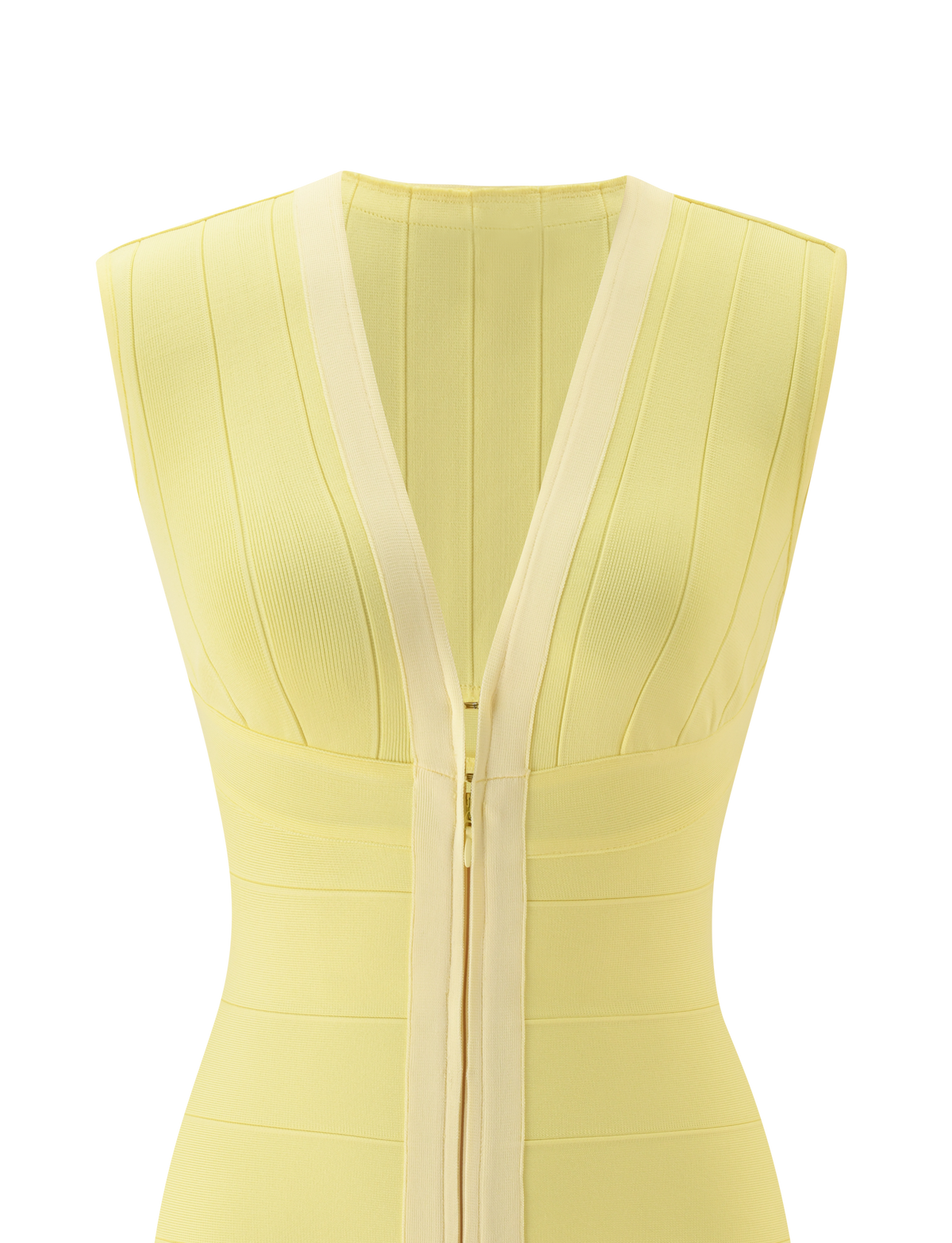 The EMBER BANDAGE MINI DRESS by TIGERMIST comes in a butter yellow hue and features a sleeveless, fitted silhouette with a deep V neckline. Vertical seam detailing and a central front zipper add structure, while ribbed texture around the chest transitions to smooth panels below for a flattering bodycon fit.