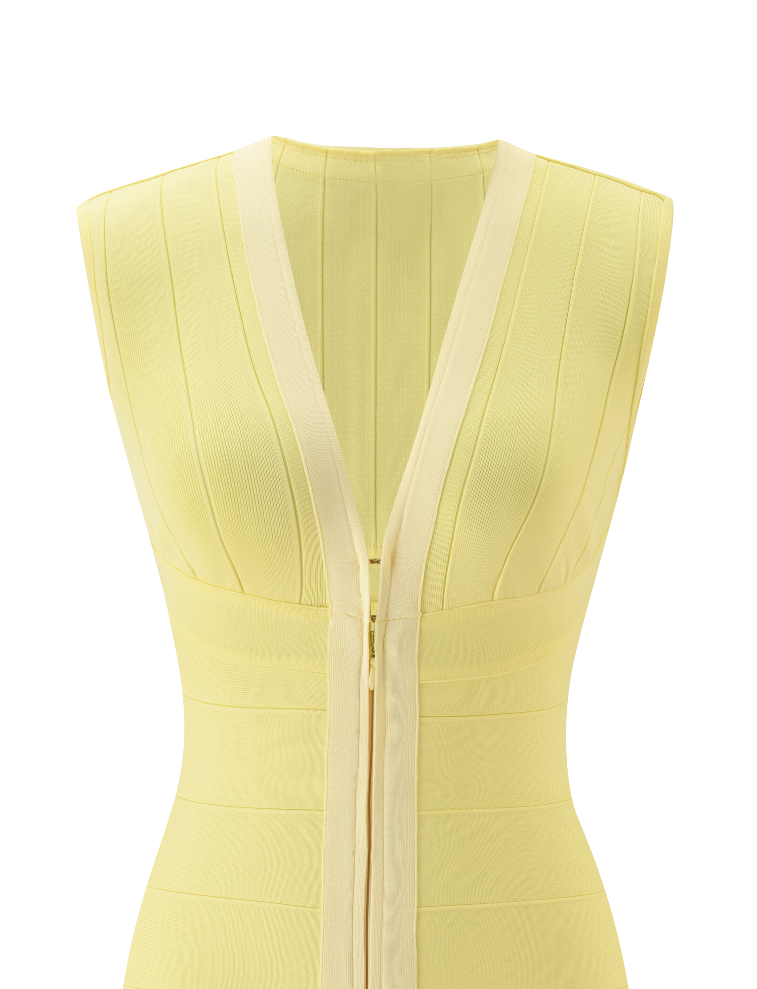 The EMBER MINI BANDAGE DRESS by TIGERMIST features a sleeveless, fitted silhouette in butter yellow with ribbed vertical lines, a plunging v-neckline, and front zipper detail for a sleek look.