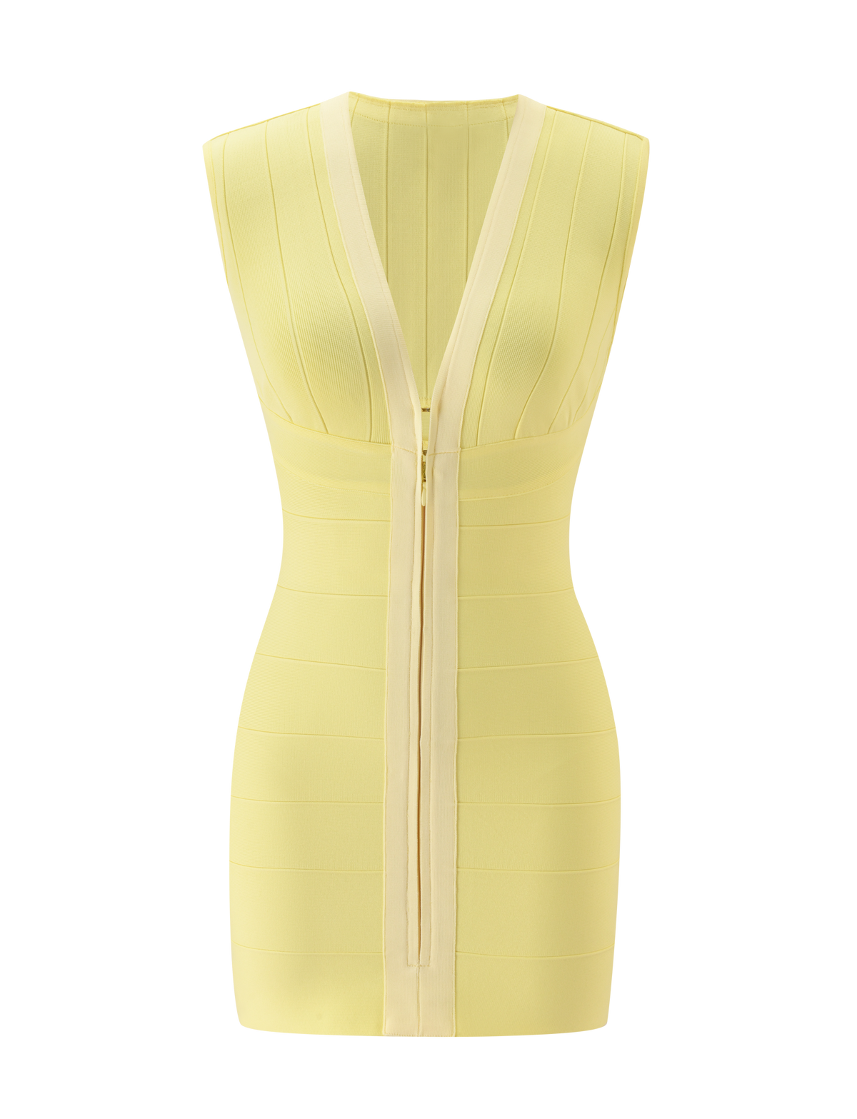 The EMBER BANDAGE MINI DRESS by TIGERMIST in butter yellow is a sleeveless, fitted mini dress with a classic bodycon silhouette, vertical ribbed texture, and a deep V-neckline, shown photographed against a plain white background.