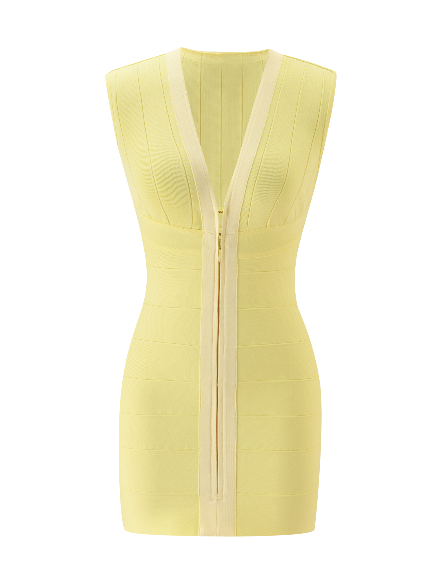 The TIGERMIST EMBER MINI BANDAGE DRESS in butter yellow features a sleeveless, form-fitting design with vertical seam details and a plunging V-neckline, shown against a plain white background.