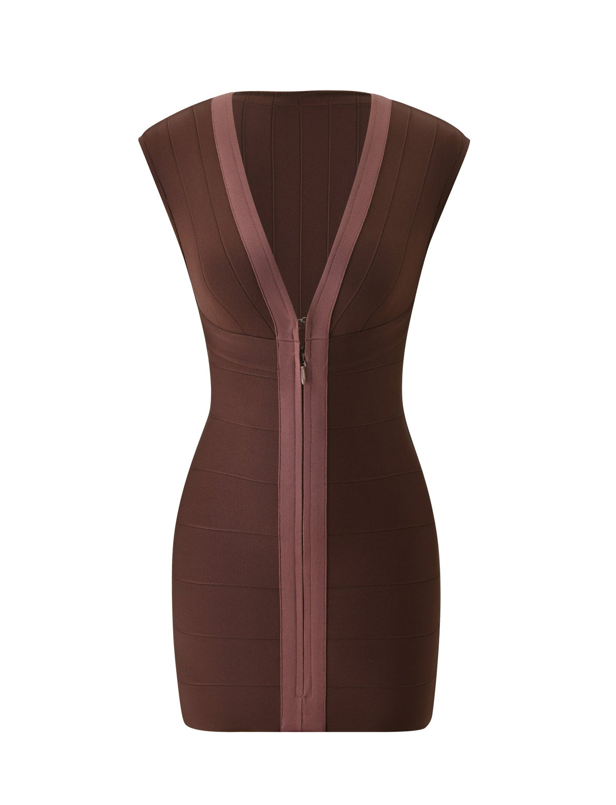 EMBER BANDAGE MINI DRESS - CHOCOLATE: a chocolate brown mini bandage dress featuring a deep V-neck and a central front zipper.