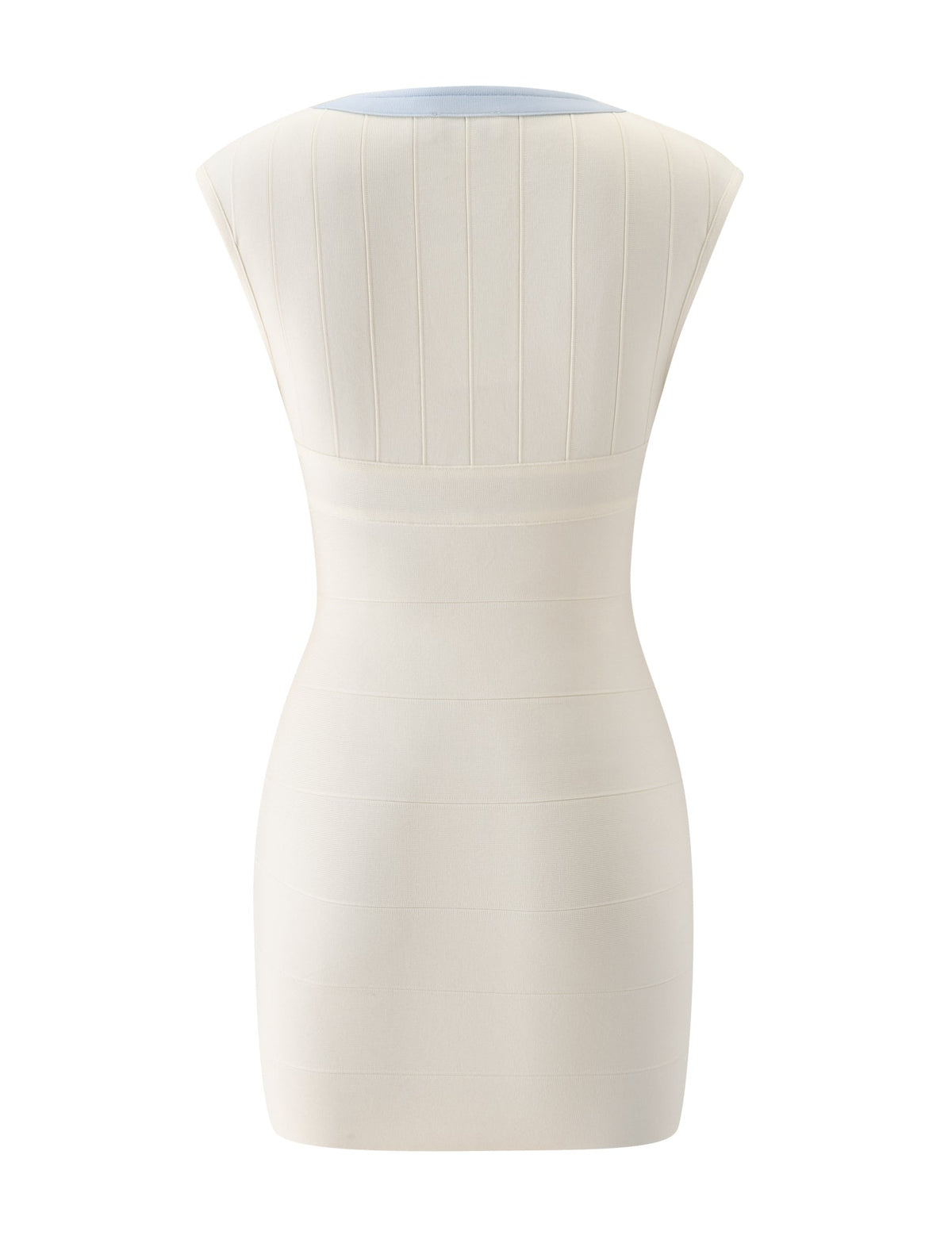 Back view of a cream and blue TIGERMIST Ember Bandage Mini Dress featuring a bodycon fit, sleeveless silhouette, and a light blue round neckline.