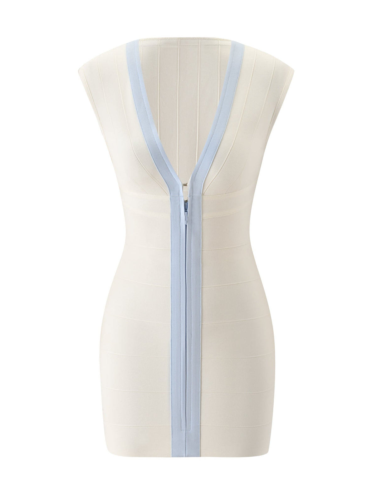 EMBER BANDAGE MINI DRESS - CREAM AND BLUE featuring a cream-colored bodycon silhouette with a deep V-neckline, center front zipper, and light blue trim accents.
