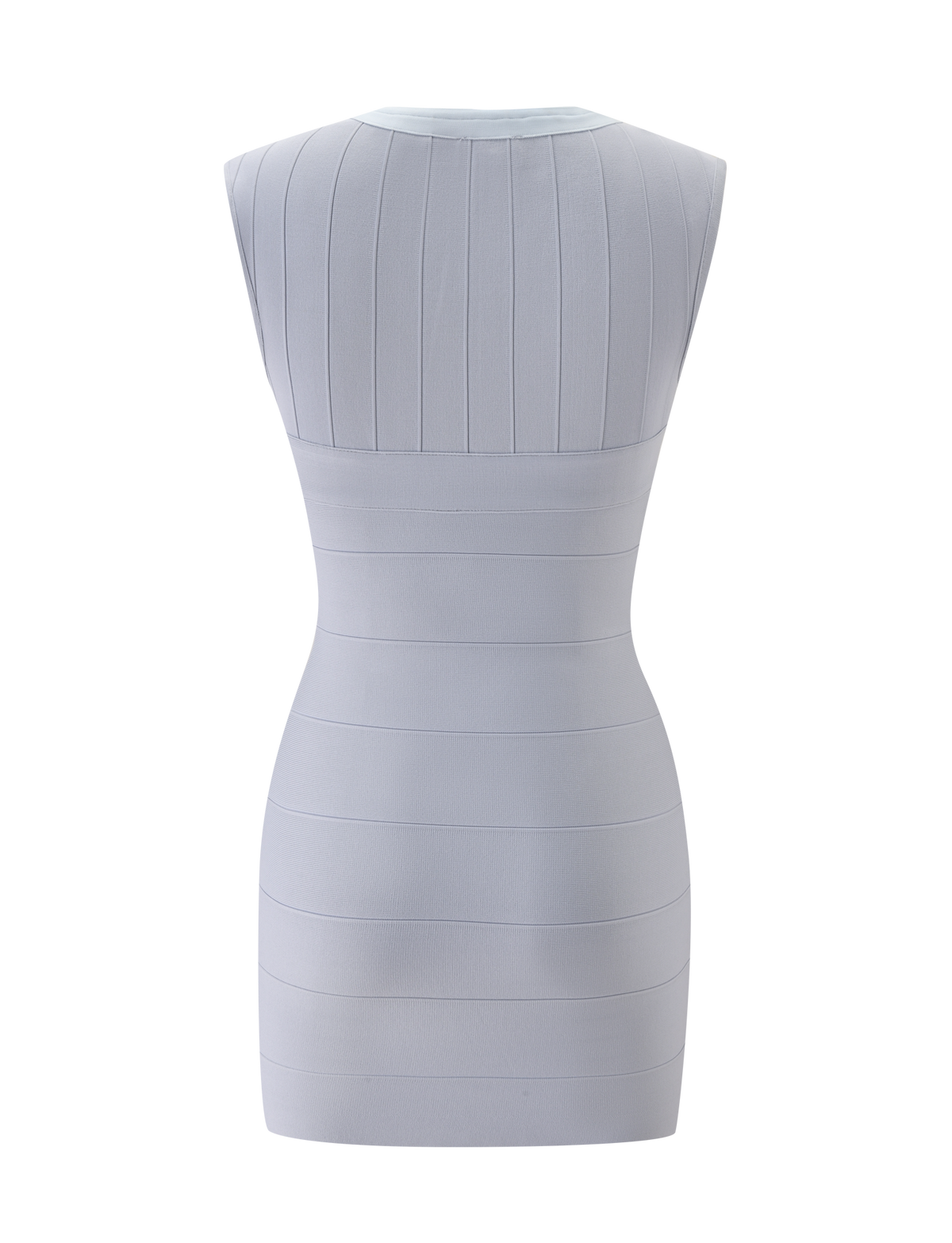 The EMBER BANDAGE MINI DRESS by TIGERMIST is showcased from the back in dove grey, featuring a sleeveless, bodycon fit with subtle vertical and horizontal stitched detailing for a bandage-style effect. This chic mini dress flatters your curves, delivering a contemporary update to the classic silhouette.