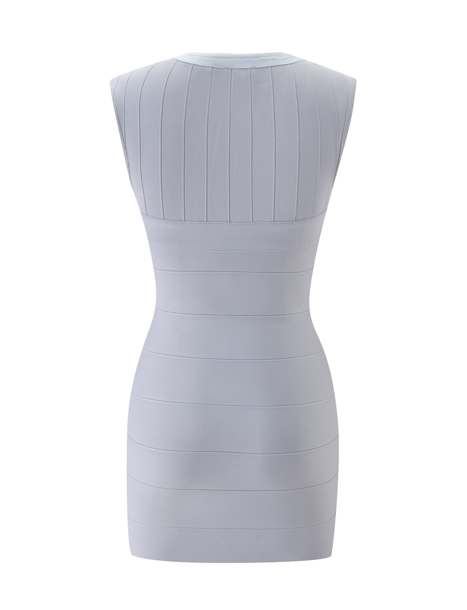 The TIGERMIST EMBER MINI BANDAGE DRESS in dove grey is sleeveless and body-hugging, shown from the back with vertical and horizontal seam details and a high neckline.