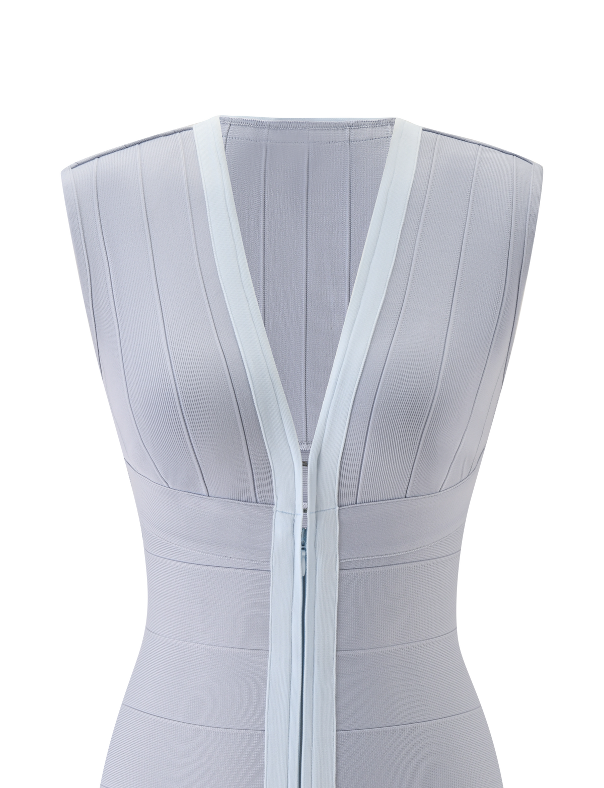 The EMBER BANDAGE MINI DRESS by TIGERMIST features a sleeveless dove grey design with vertical ribbed detailing, a deep V-neckline, and light blue trim along the neckline and center front, shown against a plain white background.