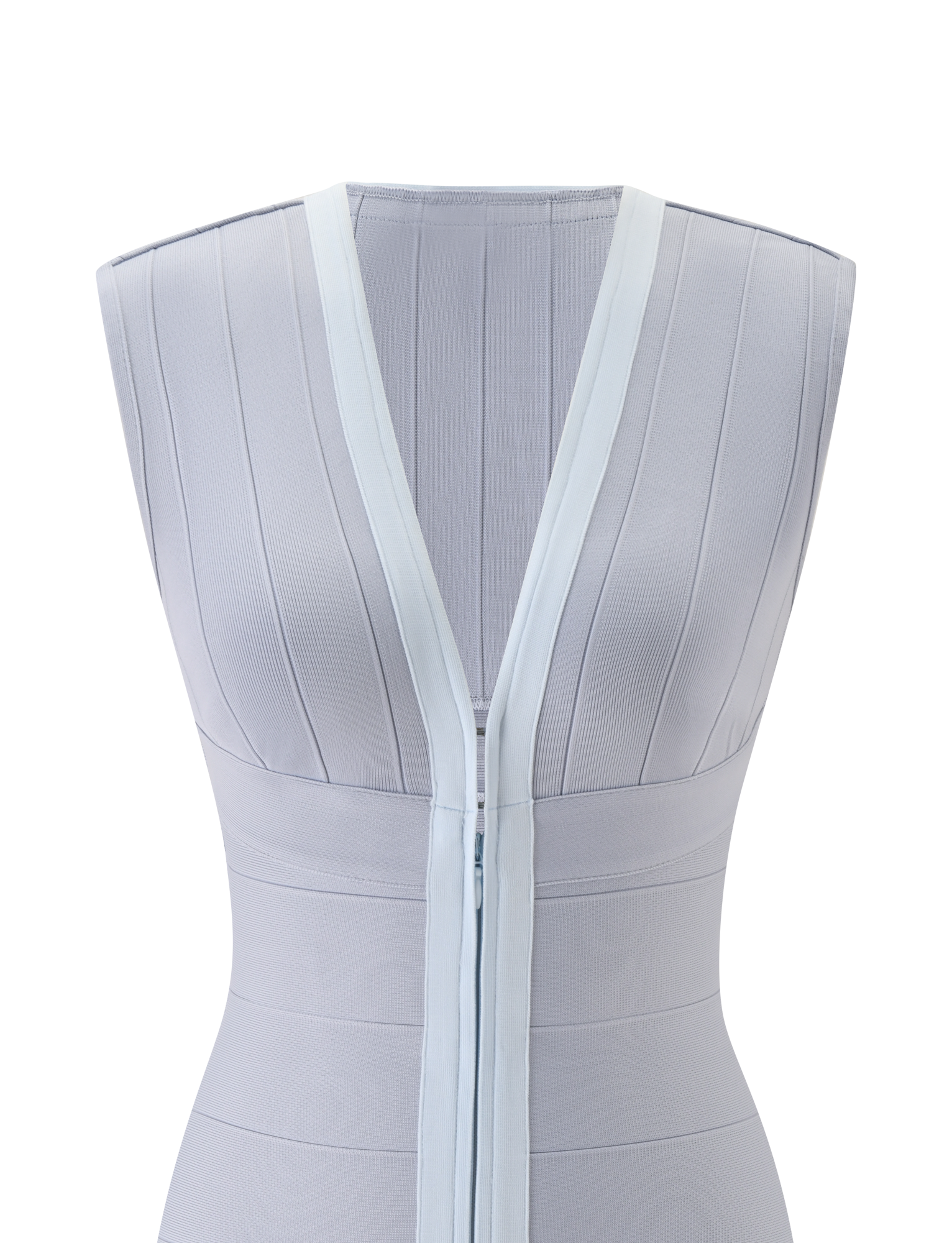 The TIGERMIST EMBER MINI BANDAGE DRESS in dove grey features a sleeveless, body-hugging fit with a deep V-neck, vertical ribbed detailing, and light blue trim outlining the neckline and front for a chic look.