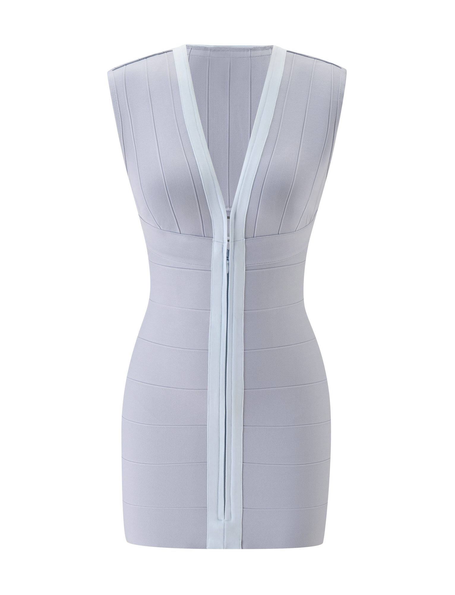 The TIGERMIST EMBER MINI BANDAGE DRESS in dove grey features a sleeveless, body-hugging fit, vertical panel detailing, and a deep V-neckline edged with pale blue trim.