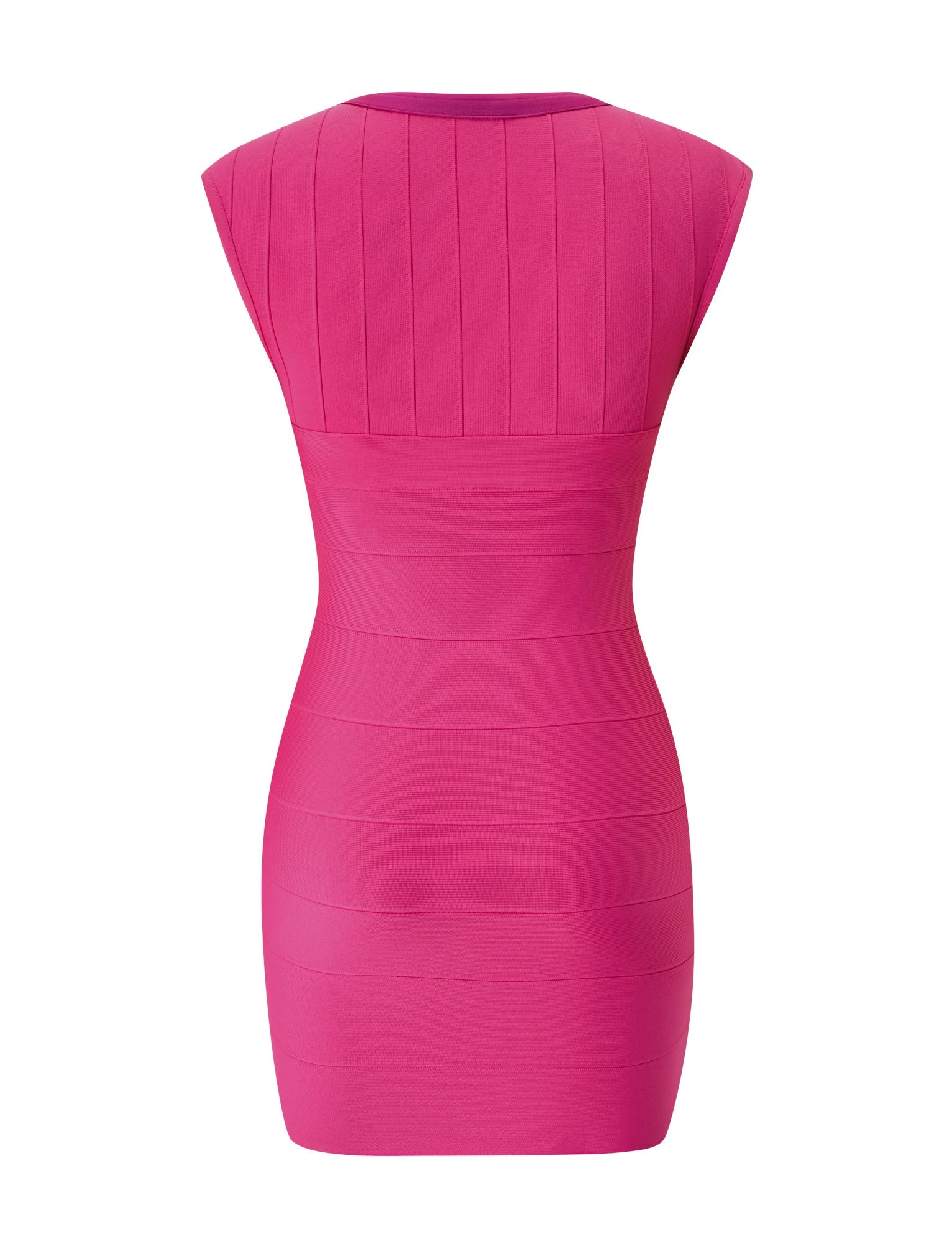 The EMBER BANDAGE MINI DRESS by TIGERMIST is shown from the back in a vivid magenta hue. This sleeveless, form-fitting mini dress features horizontal bandage-style panels and a striking bodycon silhouette, making it an ideal choice for summer occasions.
