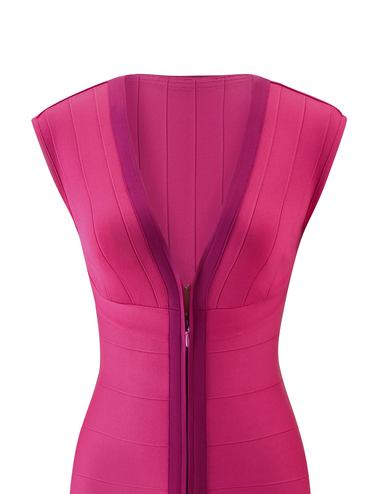 The EMBER BANDAGE MINI DRESS - MAGENTA by TIGERMIST is a sleeveless, form-fitting mini dress featuring a deep V-neckline, vertical panel detailing, and a visible central zipper down the front. This bold bodycon summer dress is perfect for making a statement.
