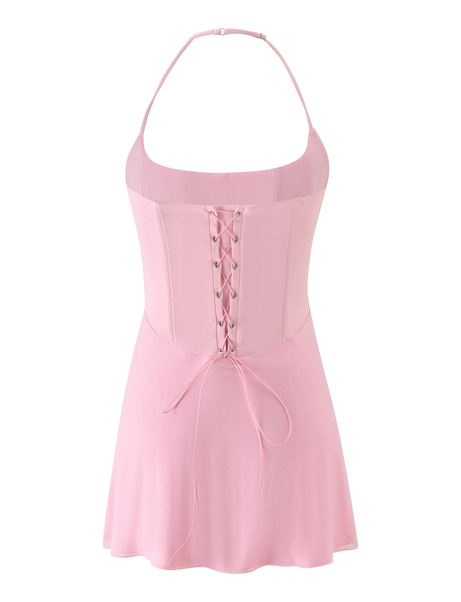 Introducing the LYZA MINI DRESS - BABY PINK by TIGERMIST: This light pink mini dress features a fitted bodice with a lace-up front detail, an adjustable halter neck strap, and a flared skirt. Crafted with a smooth texture, this corset-style dress blends style and comfort, making it perfect for any occasion.