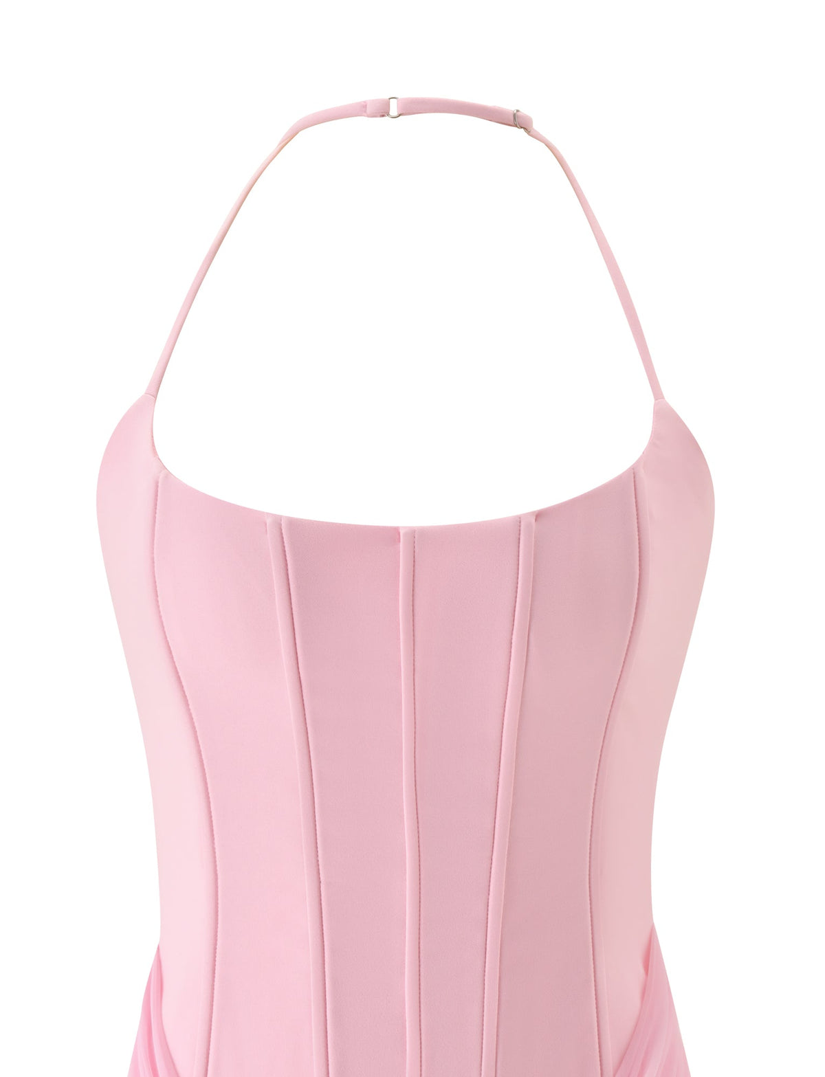 The LYZA MINI DRESS in baby pink by TIGERMIST features a corset-inspired silhouette with vertical seams, a halter neck strap, and an elegant lace-up back, showcased against a white background.