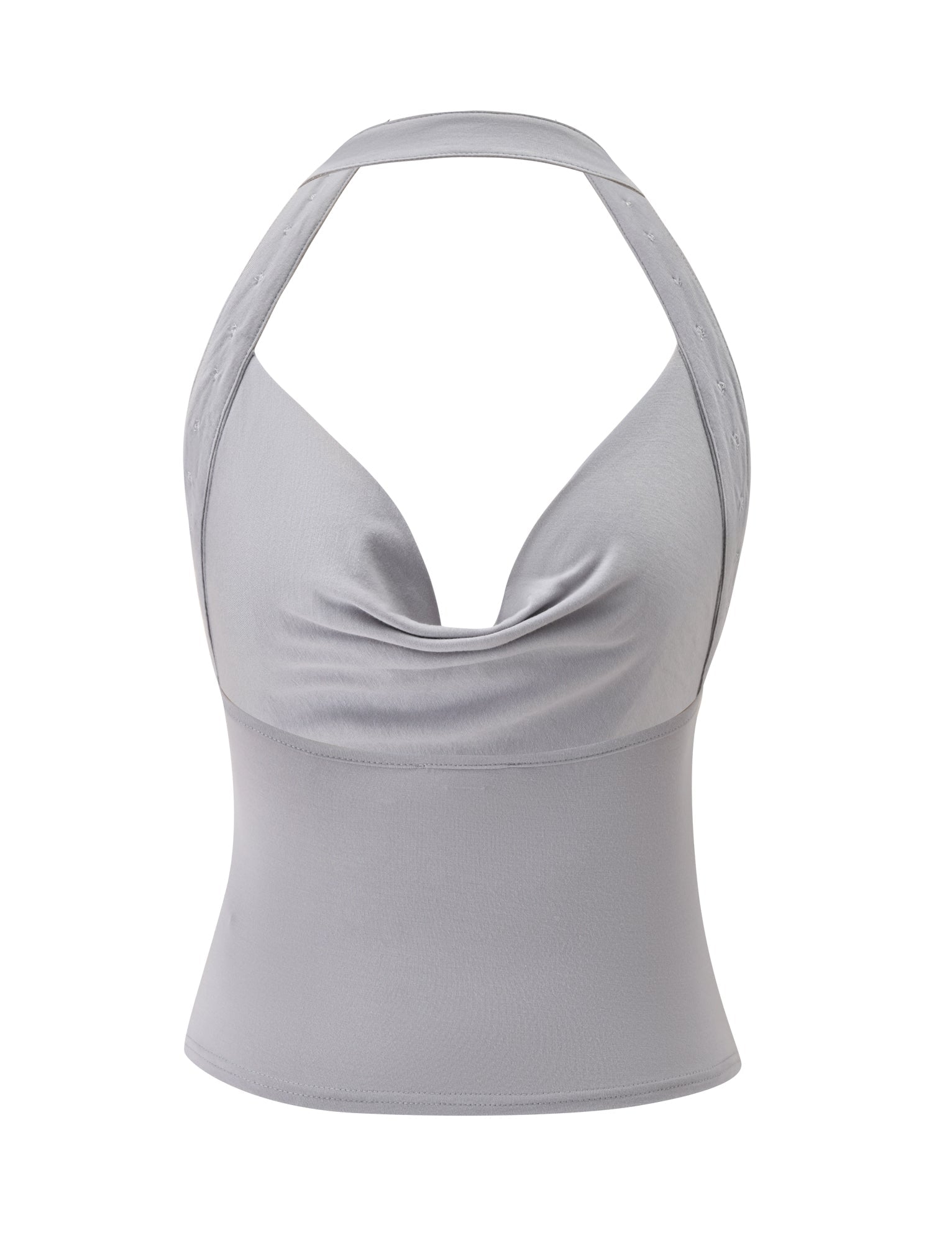 The SUKI TOP - GREY by TIGERMIST features a light gray sleeveless halter design with a draped neckline and halter strap, a fitted waist, open shoulders, and an elegant asymmetrical hem, displayed against a white background.
