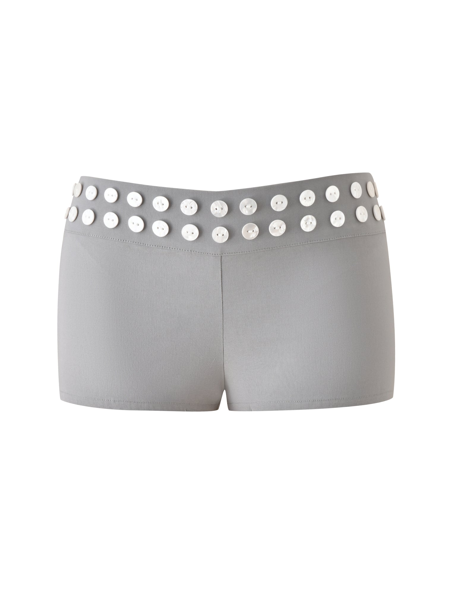 The SUKI SHORT - GREY by TIGERMIST showcases a tailored silhouette with a row of oversized faux shell buttons on the waistband, set against a white background.