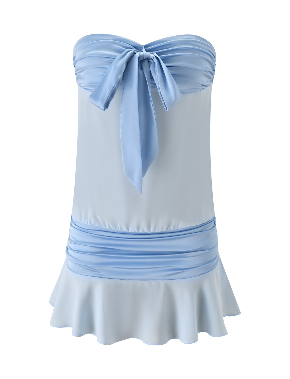 The TIGERMIST LUX MINI DRESS in baby blue features a strapless, ruched bodice, bow tie at the chest, gathered waistband, and flared ruffle hem. Displayed on a plain white background.