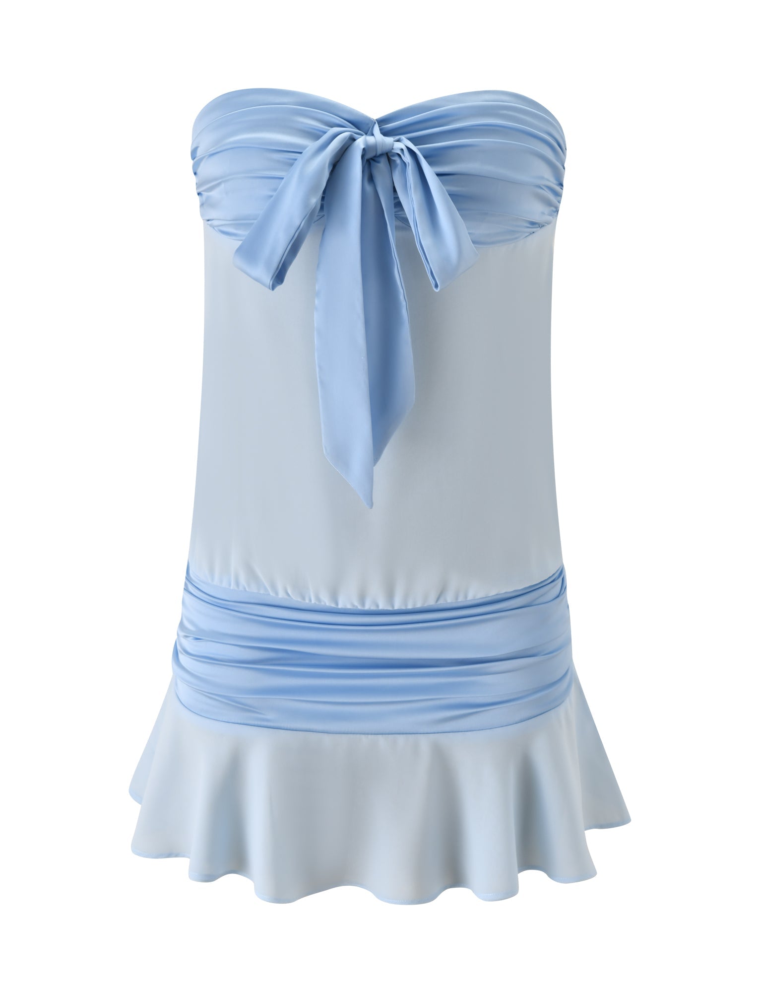 The TIGERMIST LUX MINI DRESS in baby blue features a strapless, ruched bodice, bow tie at the chest, gathered waistband, and flared ruffle hem. Displayed on a plain white background.