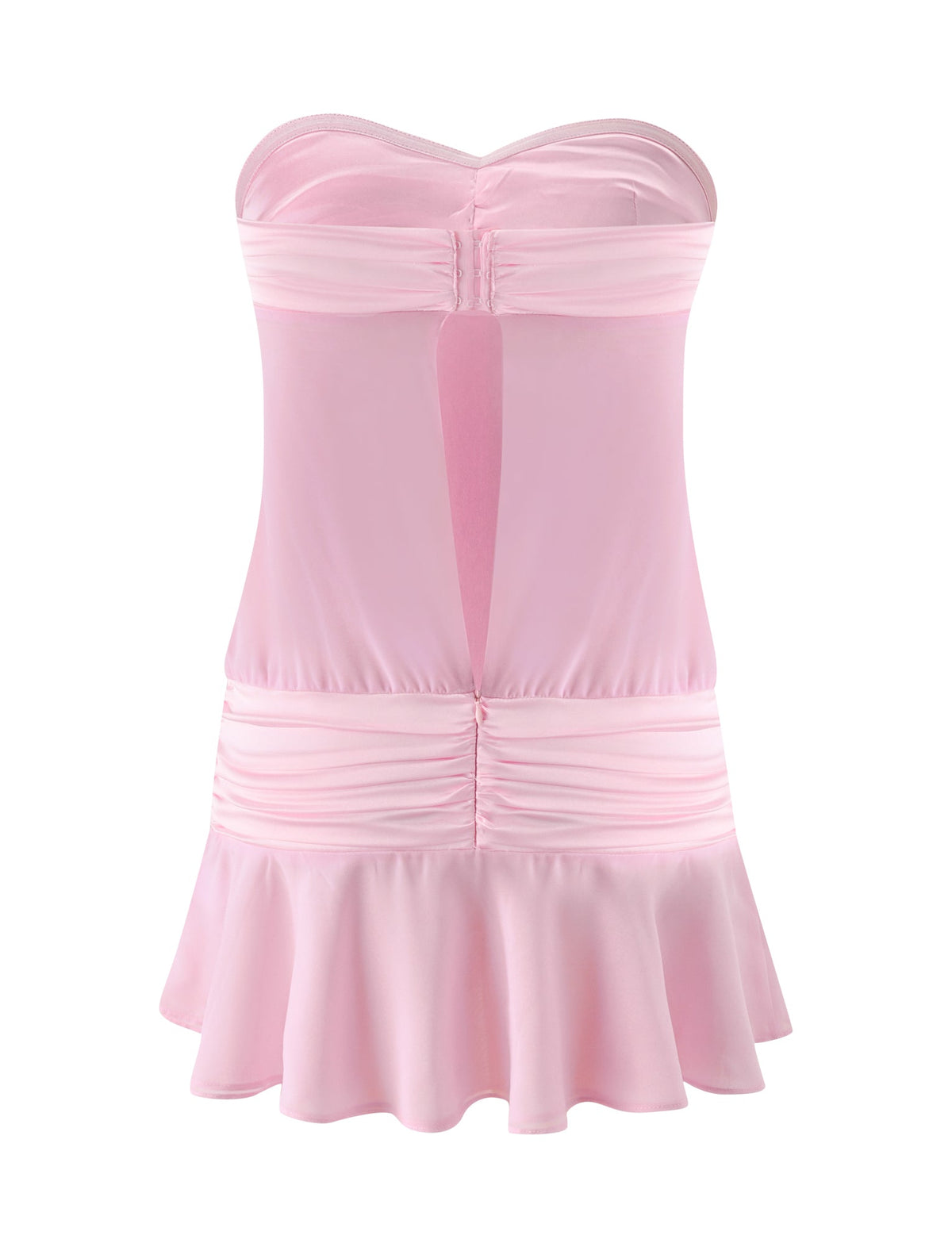 The LUX MINI DRESS - BALLET PINK by TIGERMIST features a strapless silky satin design with a sweetheart neckline, ruched bust and waist, sheer front panel, and flared skirt—perfect for girls’ night out.